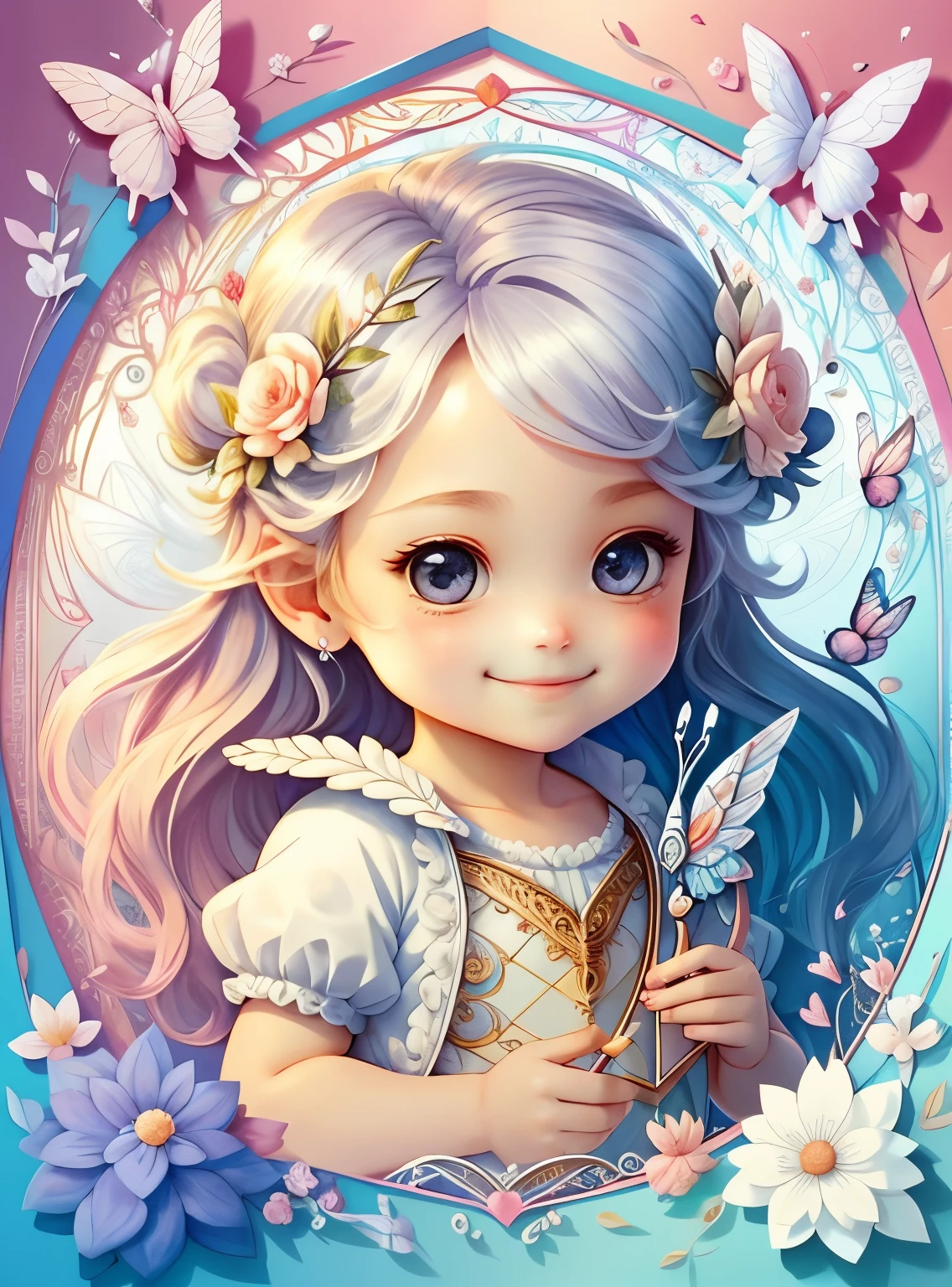 (cute cupid smiling with flowers and butterflies), Munchkin ,Geometric multidimensional wall portrait, livro de arte, Tchibi,
Yang08k, Beautiful, Colouring,
Obras, of the highest quality, best quality, Arte Oficial, Beautiful and Aesthetic,