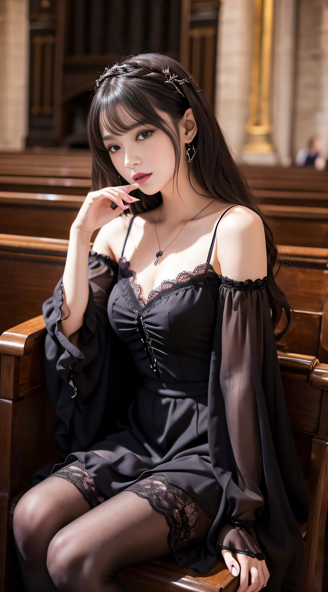 LTRA Details、Fascinating beauty、Dainty woman、Cool Girl、Wavy Hair、Black chiffon dress、Wide sleeves、flered skirt、Black pantyhose、Evil Female Executive、Evil Fall、brainwash、lacy fabric、Glossy legs、black lipstick、Evil look、Suspicious look、Hollow eyes、wicked、Reaching out、Arms up、In the Church、Palm forward、Purple Lipstick、Pendants、playing piano