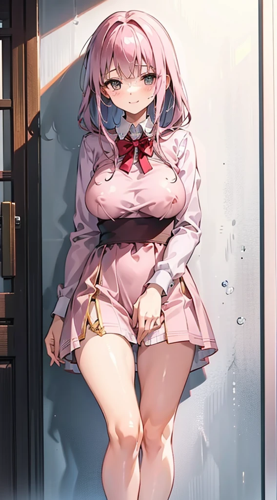 Anna Millers style rose pink uniform, cute girl clerk, A cute smile that seems a little shy, leaning down, Bustier-style rose pink clothes that don't hide the breasts, Soft breasts of about C cup size, Rose pink fluttering mini skirt, White knee-high socks, and draw the full body, Undressing, Be undress, She stands on one leg and takes off her panties down to her thighs., Inside of a spacious Western-style coffee shop, Her uniform is a little disheveled and her breasts are exposed., Draw nipples,Her skirt is a little disarray and her crotch is visible., Draw the crotch area, Water droplets drip from my crotch, making my thighs a little damp.