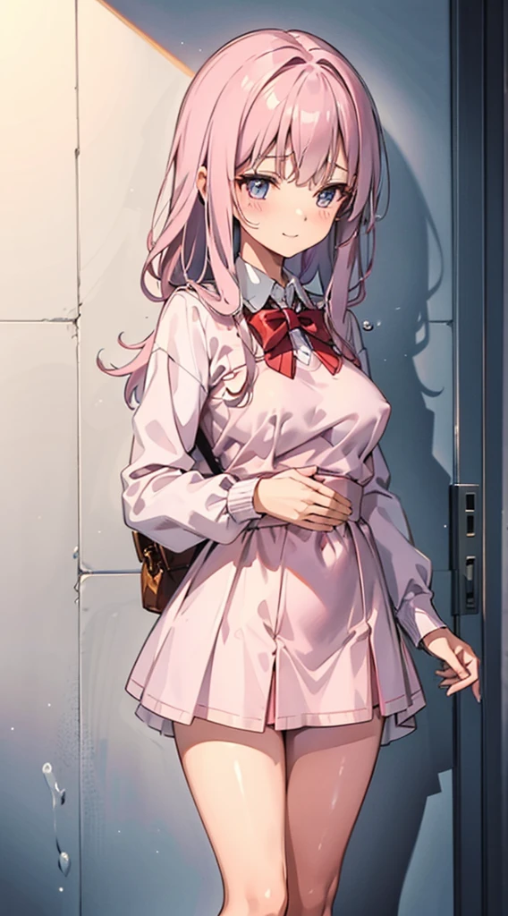 Anna Millers style rose pink uniform, cute girl clerk, A cute smile that seems a little shy, leaning down, Bustier-style rose pink clothes that don't hide the breasts, Soft breasts of about C cup size, Rose pink fluttering mini skirt, White knee-high socks, and draw the full body, Undressing, Be undress, She stands on one leg and takes off her panties down to her thighs., Inside of a spacious Western-style coffee shop, Her uniform is a little disheveled and her breasts are exposed., Draw nipples,Her skirt is a little disarray and her crotch is visible., Draw the crotch area, Water droplets drip from my crotch, making my thighs a little damp.