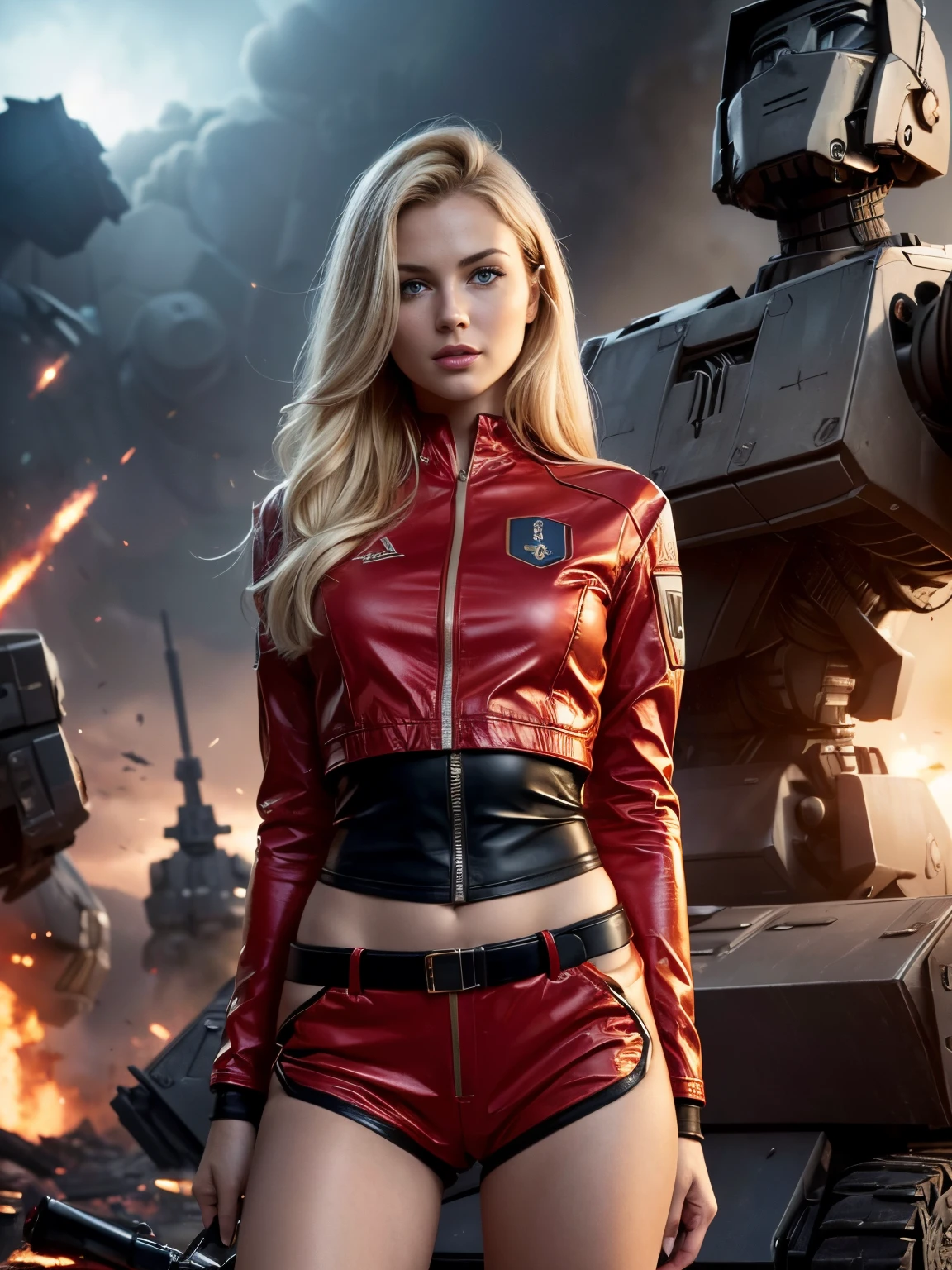 (Ultra high-definition imageidelity :1.2),Realistic,High quality,Movie Light, full body, 1 gorgeous european blonde woman, (stands in front of a giant war robot:1.3),she wears red shorts and black jacket, flirts with camera