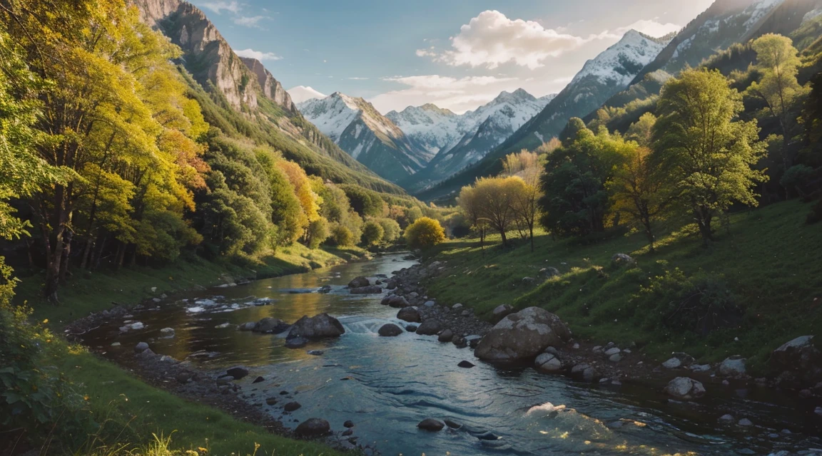 best quality, stunning landscape, flowing rivers, towering mountains, lush greenery, vibrant colors, ethereal atmosphere, golden sunlight, tranquil setting