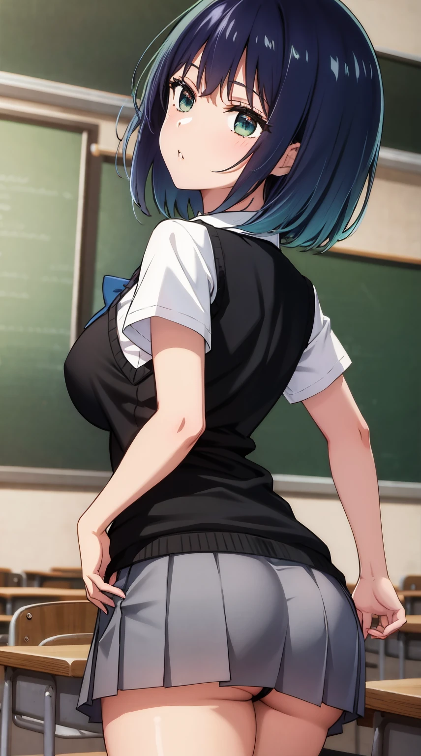 tall Good Style high-level image quality masutepiece, Best Quality, hight resolution, 1girl in, Fumakane, Blue hair, Short hair, Gradient Hair, large full breasts, blue bowtie, Collared shirt, Black vest, Short sleeves, pleats a miniskirt, grey miniskirt, Cowboy Shot, Standing, Classroom Lack of thighs underwear NSFW POV handjob panties big butts+++ facing back Black pants stick out buttocks