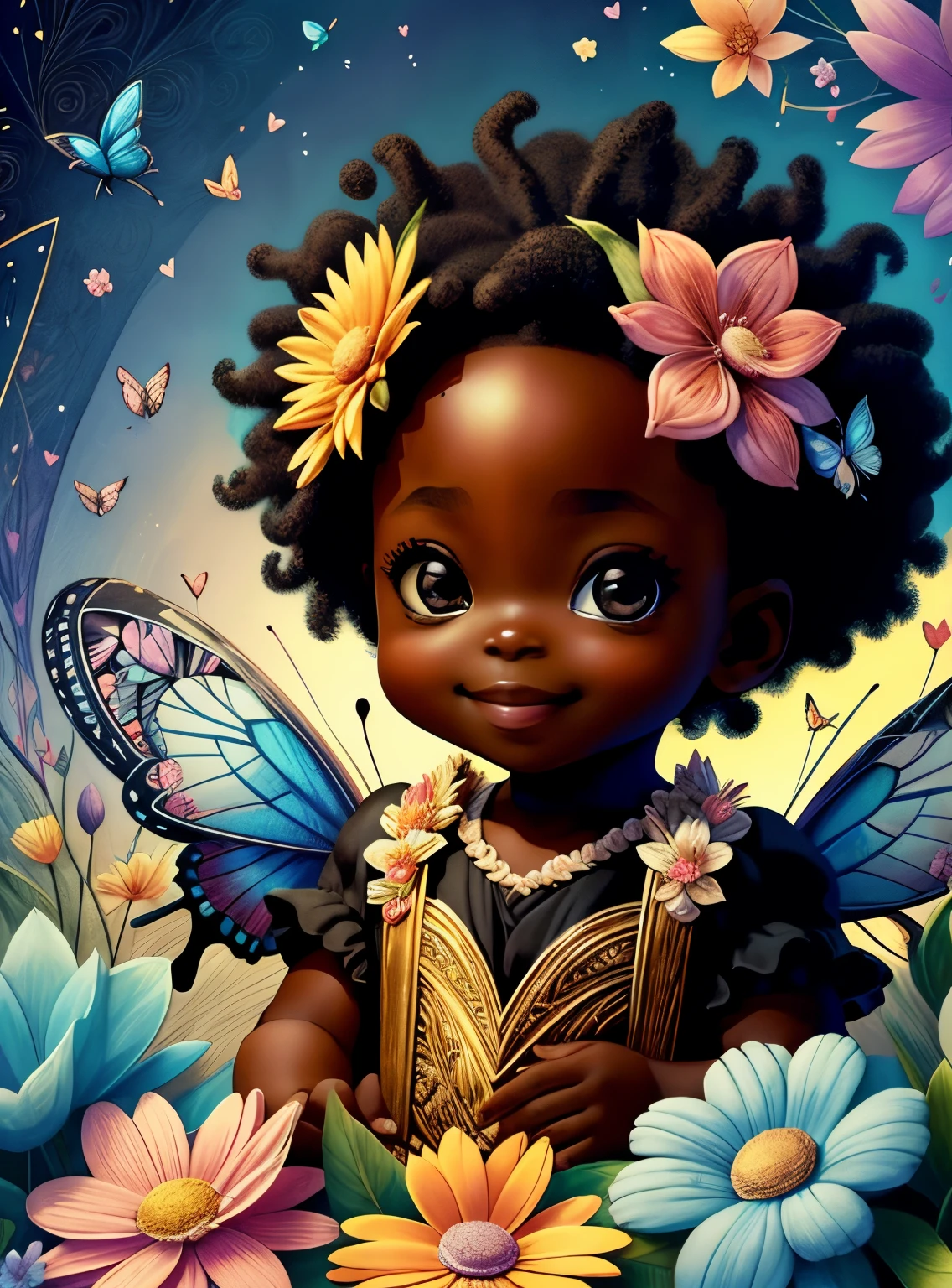 (cute black cupid smiling with flowers and butterflies), Munchkin ,Geometric multidimensional wall portrait, livro de arte, Tchibi,
Yang08k, Beautiful, Colouring,
Obras, of the highest quality, best quality, Arte Oficial, Beautiful and Aesthetic,