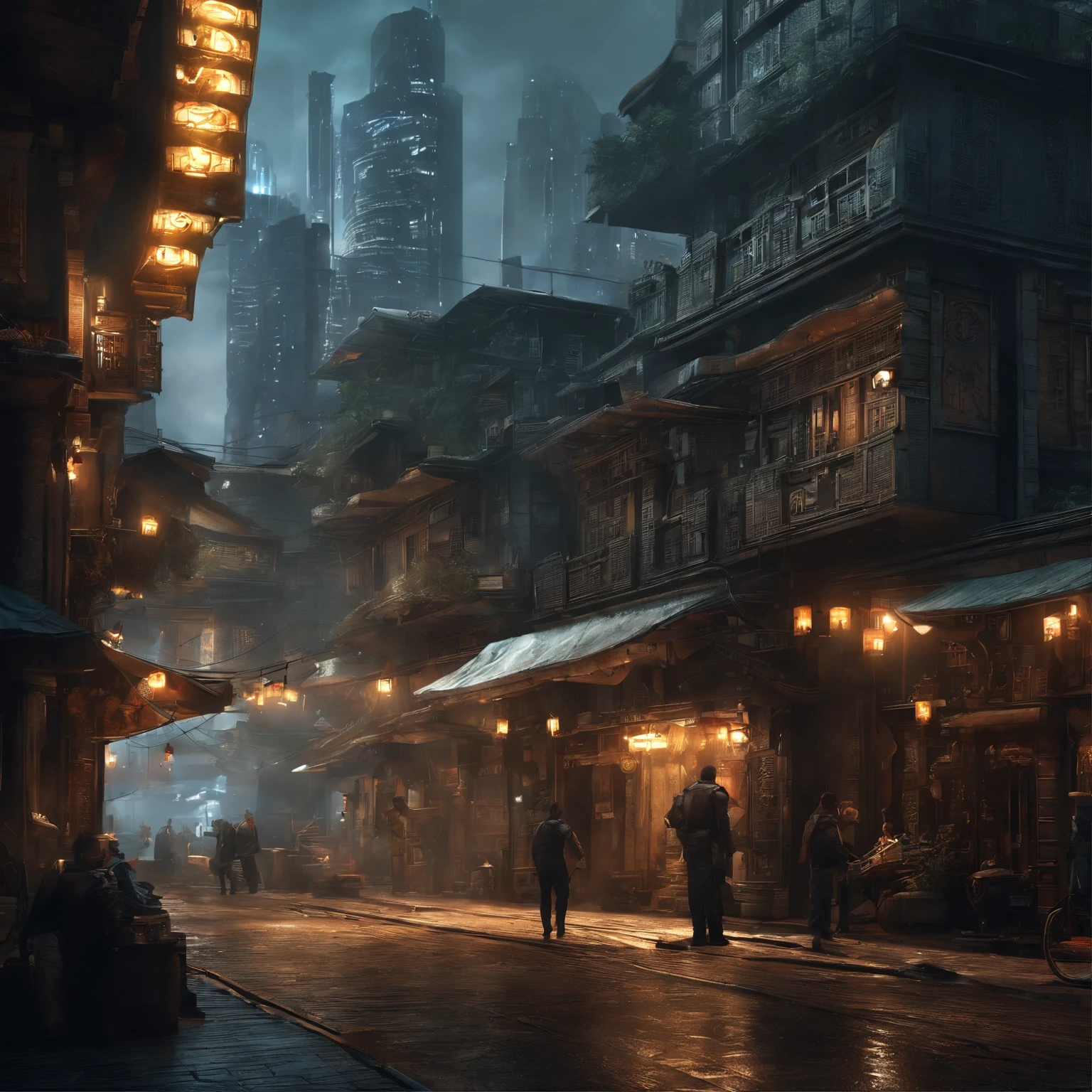Cyberpunk city from the science fiction film, rua vazia, noite, Chinese buildings, loja antiga, irregular, placas de circuito, filho, complexo, super detalhado, realista, hyper realistic, alta qualidade, Melhor, super detalhado, Detalhe Louco, Very detailed, photoreallistic, Epic composition, best quality, 32k --v 6