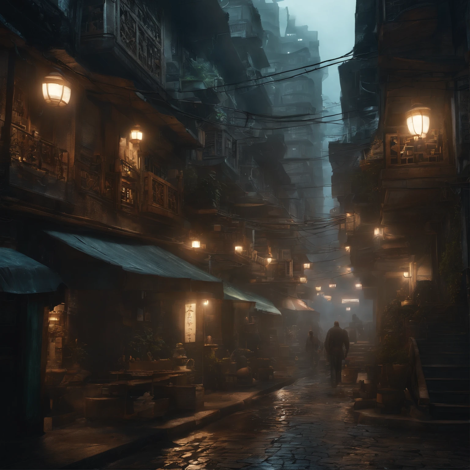 Cyberpunk city from the science fiction film, rua vazia, noite, Chinese buildings, loja antiga, irregular, placas de circuito, filho, complexo, super detalhado, realista, hyper realistic, alta qualidade, Melhor, super detalhado, Detalhe Louco, Very detailed, photoreallistic, Epic composition, best quality, 32k --v 6