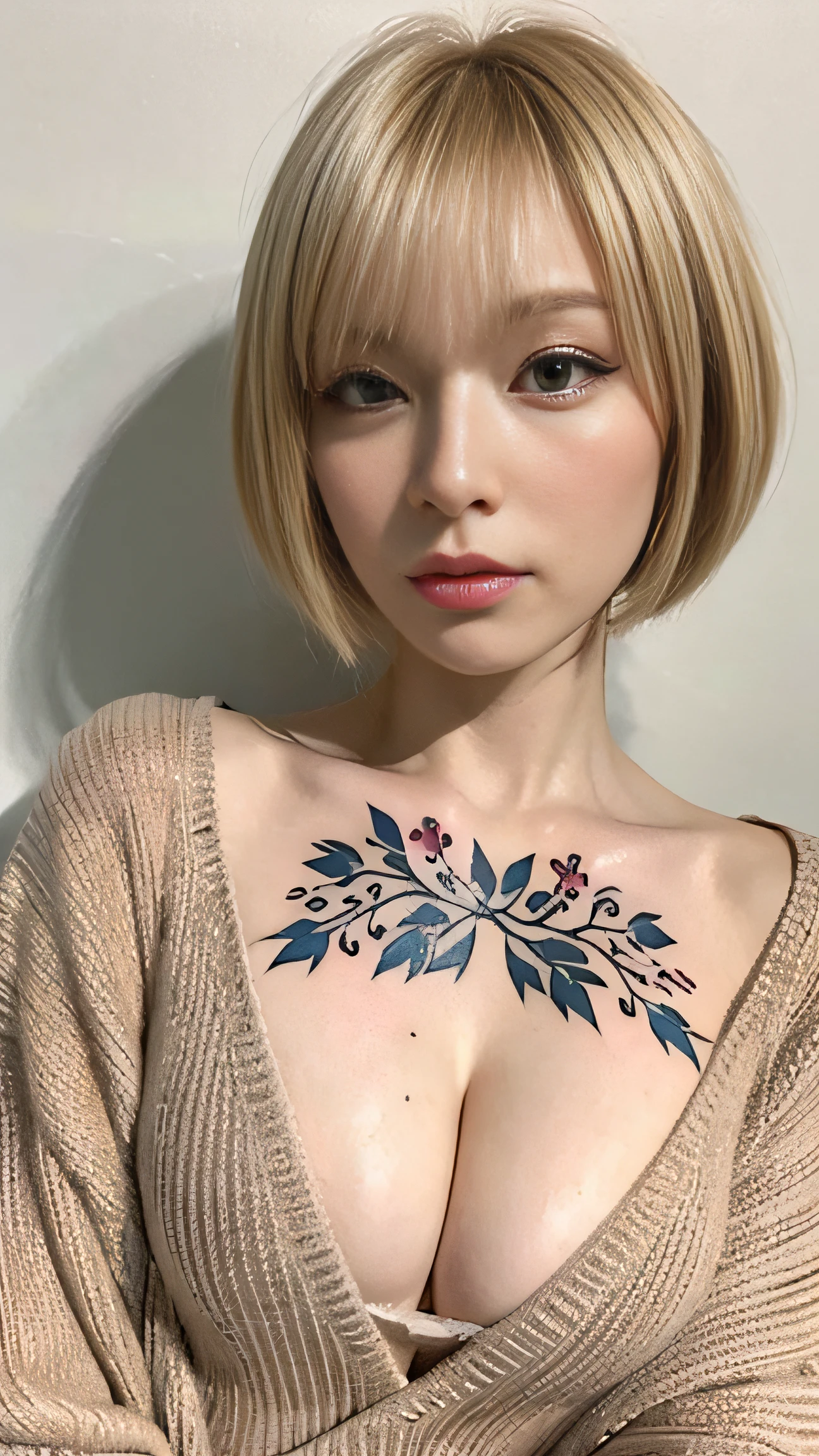 (Best Quality, 8K, 32K, masutepiece, nffsw: 1.2), Japan beauties, Small breasts,a blond、 Very Shorthair, Upper body, ((Face Focus)), Sweaters, Background, Heavy makeup、((The tattoo)),cleavage of the breast、((Thick makeup))、