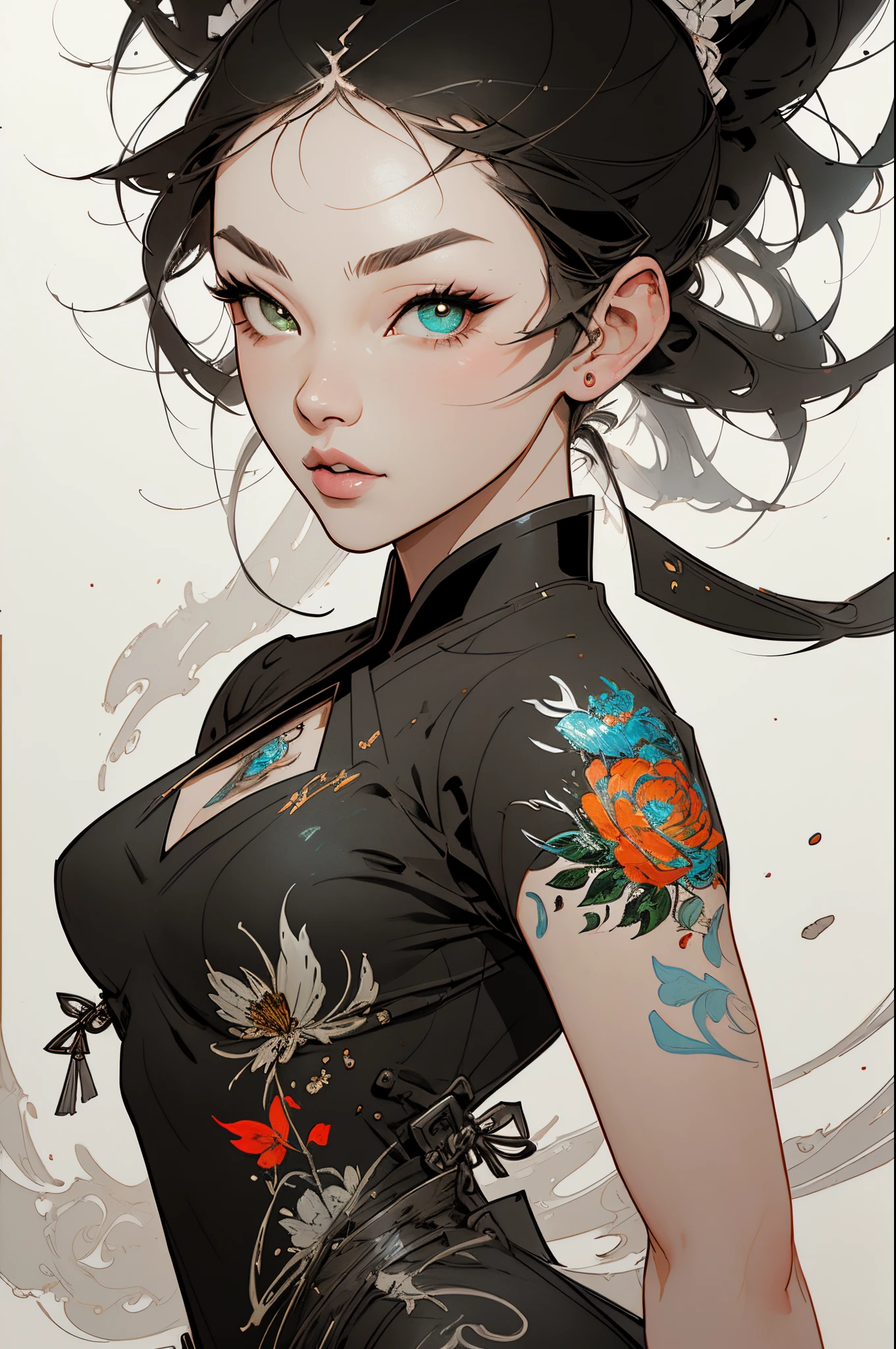flat design with tattoo effect, Ashley Alexis, Japanese beautiful woman with ponytail, ultra detailed black hairstyle, (beautiful and clear background: 1.2), fantastic paintings, ultra detailed graffiti style, Flowers, T-shirt or dress with a white blouse under the future ultra-detailed gacha, Position, Stained glass color, Fantastic paintings by Joe Madureira, hiquality, super detailed adhesive art, ultra detailed beautiful woman, , showering, digital illustration art, comic style, perfect anatomy, ultra-detailed large chest, centered, approaching perfection, dynamic, Highly detailed, ultra detailed watercolor painting, Artstation, highly detailed concept art, Smooth, sharp-focus, illustartion, artists Griffiths and Vadim Kashin,, anime girl pose alone, short pastel hair, Heterochromia, perfect anatomy, centered, approaching perfection, dynamic, Highly detailed, Character Sheet, Artstation, Concept art, Smooth, sharp-focus, illustartion, artist Kim Jong-gi, Alphonse Mucha's style, artgerm, Flash Griffiths and Vadim Kashin, Sasha Yakovleva, loish, by Jeremy Mann, Full length evening dresses Ultradetailed, Character Sheet, Lightning-fast wave, Beautiful anime watercolor painting, Dripping paint by Tim Okamura, Victor Nizovtsev, by Greg Rutkowsky, Noah Bradley. trend in artstation, 8K, Masterpiece, Graffiti painting, finely detail, full of colors, intricate detials, The Golden Proportion, maximum colors, illustartion, Monochrome green background, Masterpiece, Best Quality, hiquality, hight resolution, Best Quality, High-resolution correction, amazingly bright lighting, detail enhancement, detail enhancement, Various movements and poses, Best Quality, hiquality, hight resolution, detail enhancement, Fantastic atmosphere, hyper quality, the anime, , fantastic paintings, 4k, Masterpiece, hight resolution, absurdress, Natural