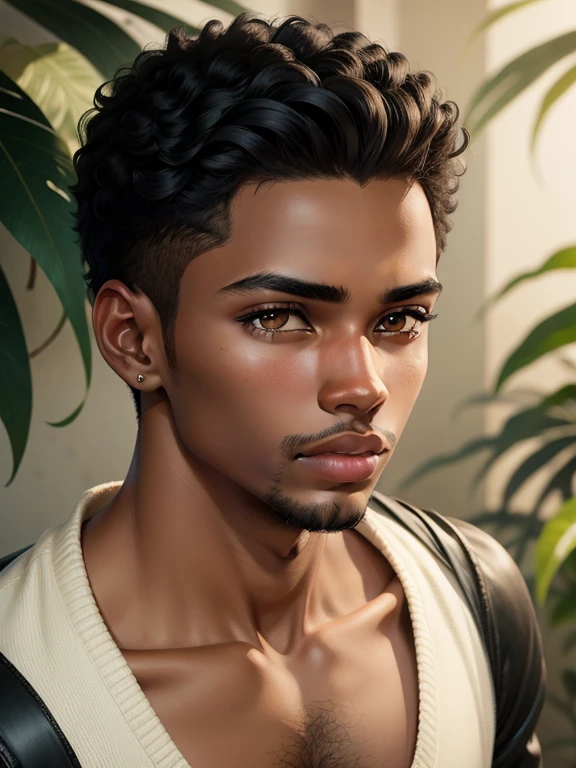 illustration with young boy, Cabelos Cacheados, Black skin, olhos verdes, with fleshy lips, Delicate facial features, (1 Jovem Homem de 20 Anos)
