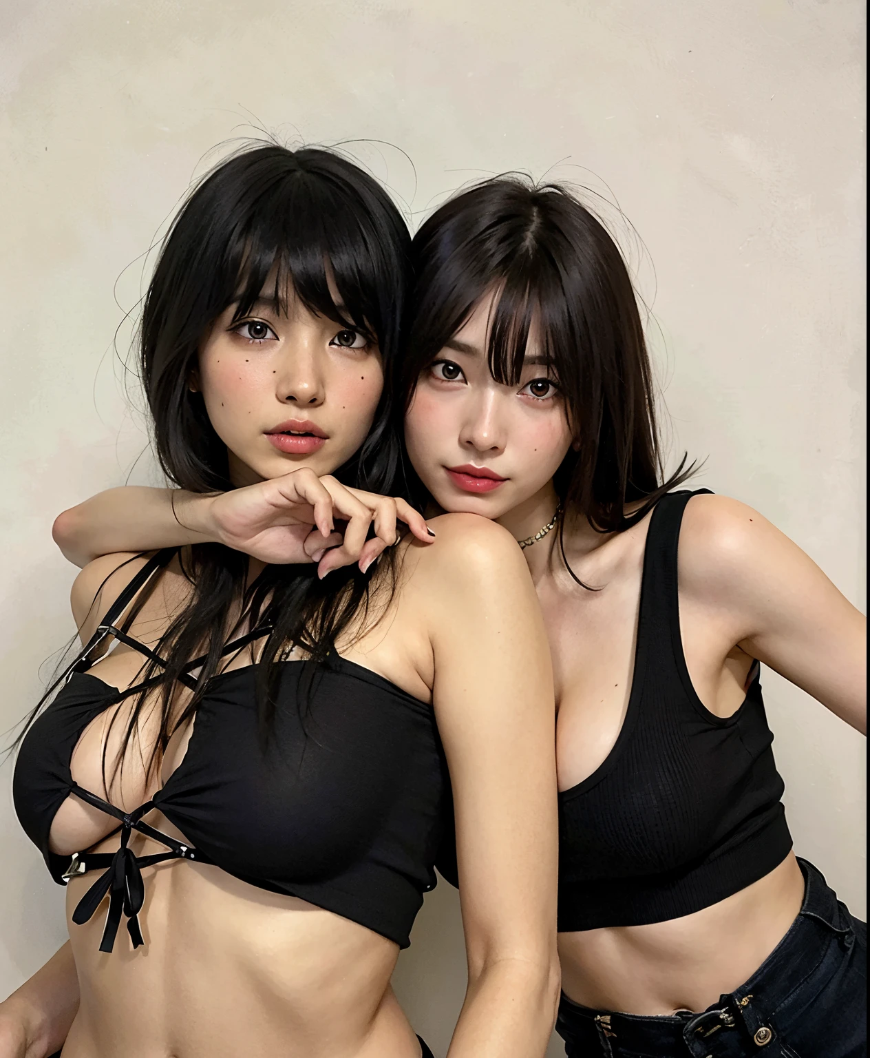 Dos mujeres con blusas y pantalones negros posando para una foto., posando juntos en sujetador, beautiful gemini twins, Hermoso retrato de Geminis Twins, Ella tiene el pelo negro con flequillo, foto de perfil, con una gemela, inspirado por Wang Duo, Dos modelos en el marco, con negro, Ayami Kojima y Lyde Caldwell, dos chicas, gemelos, Modelo de Instagram