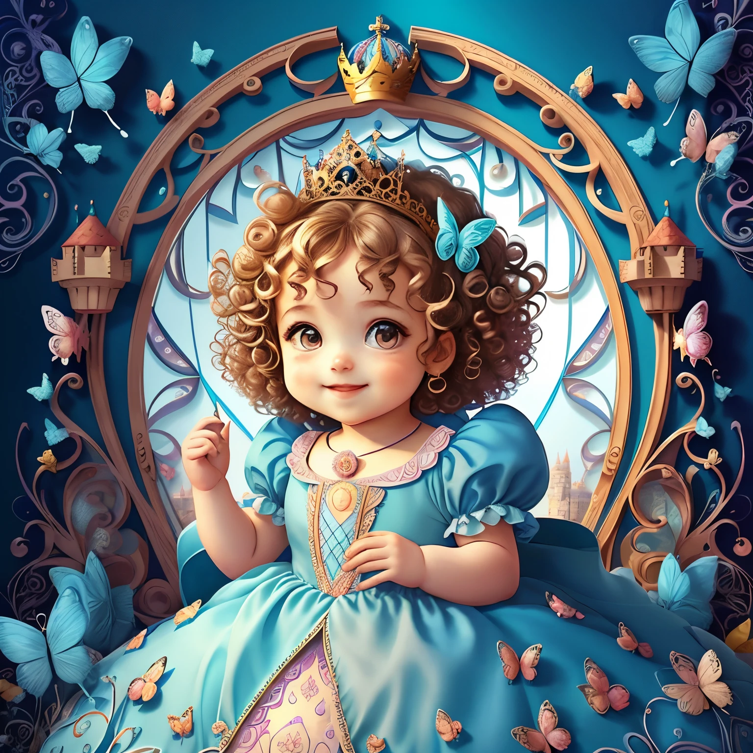 (cute baby girl with curly hair smiling with a blue princess dress, butterflies and a castle), Munchkin ,Geometric multidimensional wall portrait, livro de arte, Tchibi,
Yang08k, Beautiful, Colouring,
Obras, of the highest quality, best quality, Arte Oficial, Beautiful and Aesthetic,