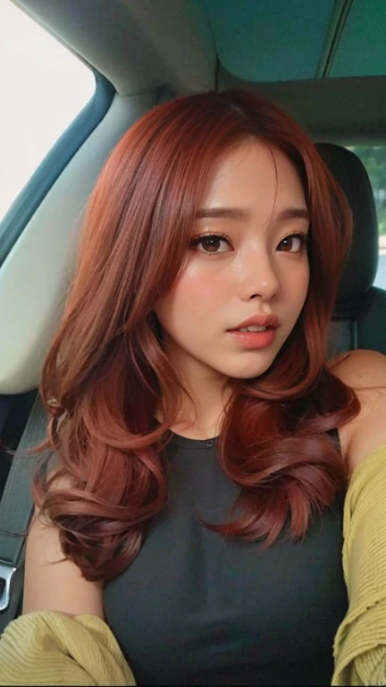 mulher arafed com longos cabelos vermelhos sentada em um carro, com cabelos ruivos cacheados, com cabelos avermelhados escuros, cabelos castanhos-ruivos rosto bonito, com cabelos ruivos, cabelos longos vermelhos castanhos, red hair and attractive features, cabelos cacheados vermelhos, peruca vermelha, red head, Pokimane, com longos cabelos ruivos, com pele parda, cabelos castanhos avermelhados
