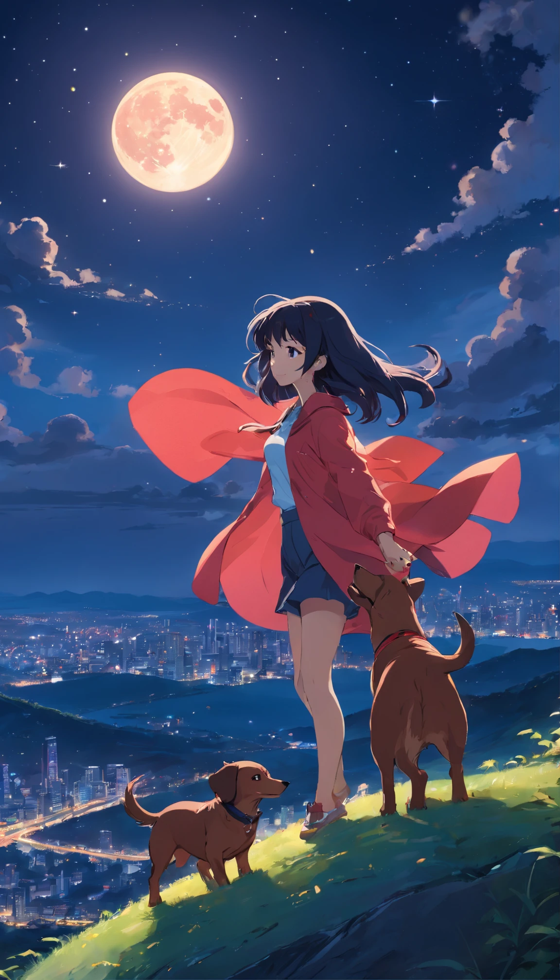 Dog 1、woman 1、red miniature dachshund、Woman with long black hair、Superb view、nighttime scene、View from the top of the hill、Full moon night sky、swirling stars、８K、Best Quality、detailed dog face、The woman is facing away、Detailed female face