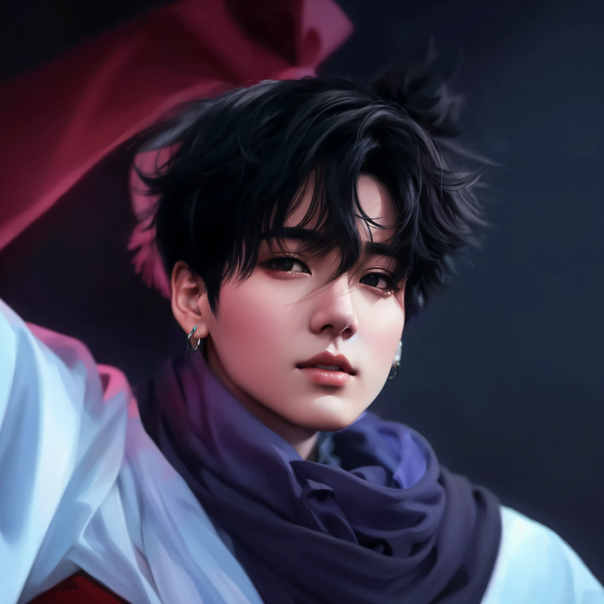 un primer plano de una persona con una bufanda sobre un fondo negro, Yoongi de pelo negro, jungkook, inspirado por Yanjun Cheng, realismo artstyle, Fanart oficial, fotorrealista!!!!!!! Artistic style, Obras de arte al estilo de Guweiz, Fanart de alta calidad, Inspirado por Jeonseok Lee, inspirado por Bian Shoumin, Parque Jimin, realistic artistic style, por Yang J
