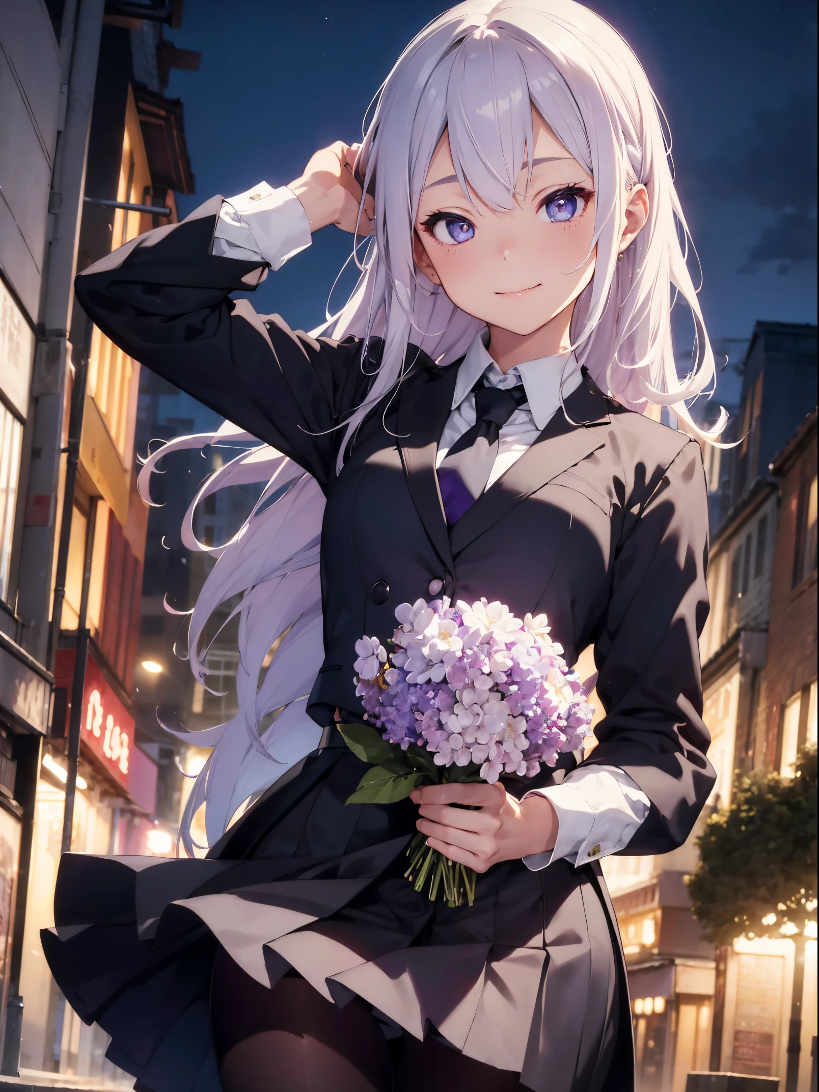 Best Quality, masutepiece, 超A high resolution, (Photorealistic:1.4), Raw photo, 1girl in, Blonde hair, Blue eyes, Eyes and faces with detailed, Black Suit, (Three-piece suit), Skirt suit, neck tie, Bodycon Mini Skirt, pantyhose, waistcoat, Dynamic lighting, In the Dark, deepshadow, lowkey, Cowboy Shot Full Length Body、white hair、lilac hair eyes、Long sideburns、A smile、white blossoms, Pink, purple flower、holding a large bouquet of flowers with both hands、one eye closed、Bob Hair、The background is under the streetlight、