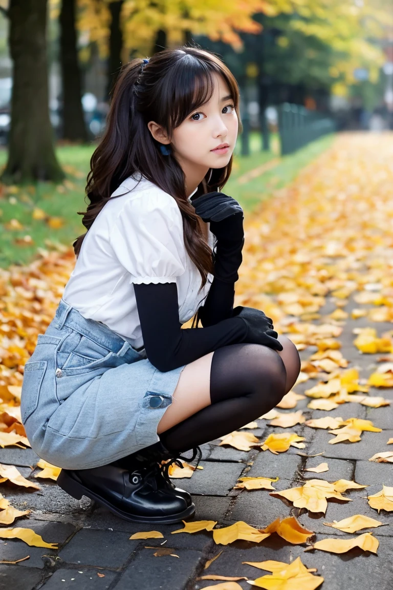 Fallen leaves in the ground、Beautiful girl squatting、sixteen years old、cute little、A dark-haired、gloves、