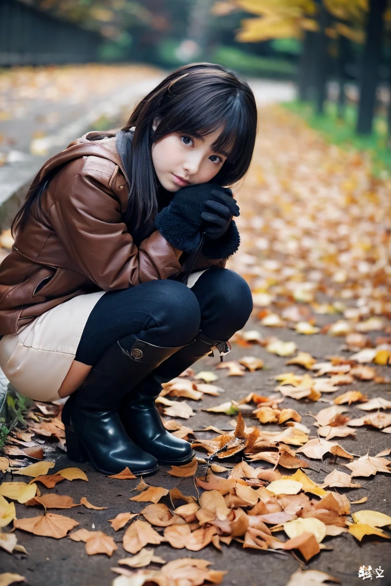 Fallen leaves in the ground、Beautiful girl squatting、、cute little、A dark-haired、gloves、