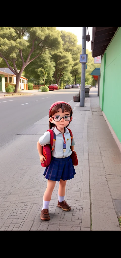 A little girl wearing a backpack and glasses