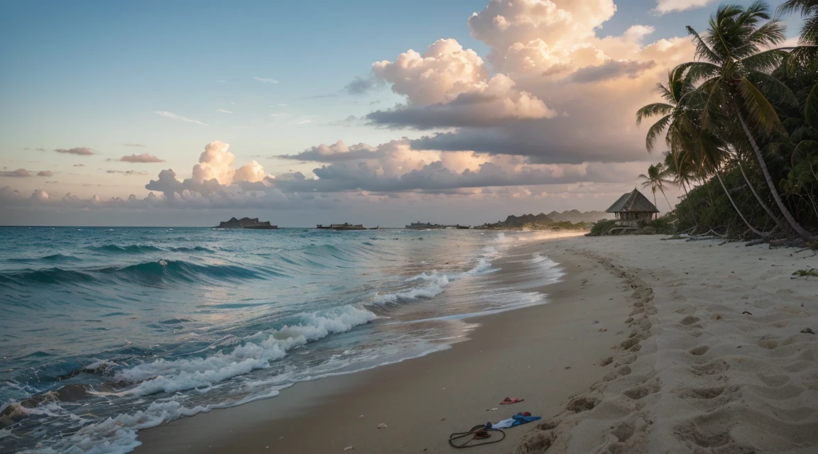 Exquisite hand-painted scenes, beautiful beaches, waves rolled up by sponges, evening and sunset. The blue sky and fluffy white clouds in the distance make the perfect backdrop