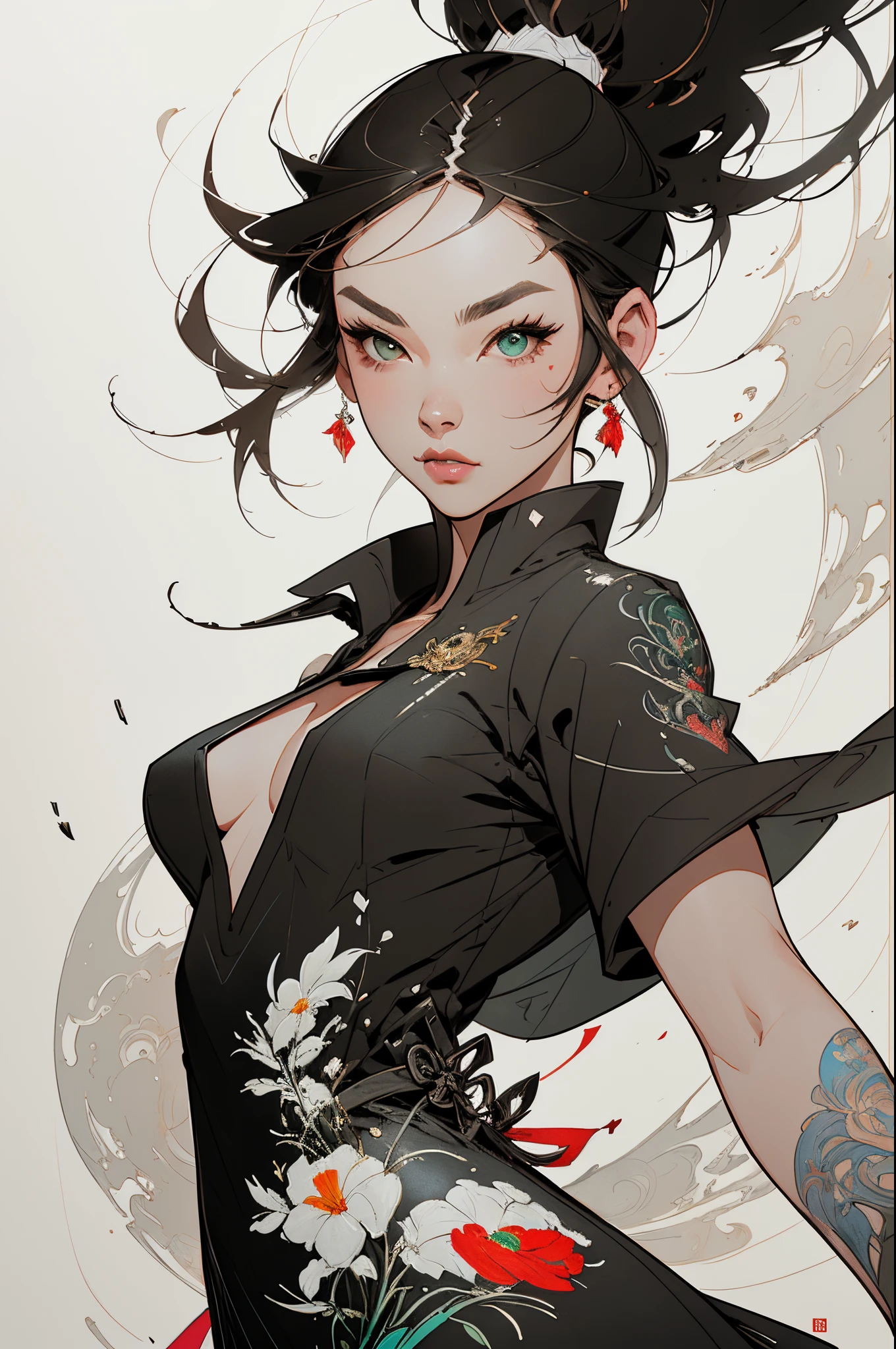 flat design with tattoo effect, Ashley Alexis, Japanese beautiful woman with ponytail, ultra detailed black hairstyle, (beautiful and clear background: 1.2), fantastic paintings, ultra detailed graffiti style, Flowers, T-shirt or dress with a white blouse under the future ultra-detailed gacha, Position, Stained glass color, Fantastic paintings by Joe Madureira, hiquality, super detailed adhesive art, ultra detailed beautiful woman, , showering, digital illustration art, comic style, perfect anatomy, ultra-detailed large chest, centered, approaching perfection, dynamic, Highly detailed, ultra detailed watercolor painting, Artstation, highly detailed concept art, Smooth, sharp-focus, illustartion, artists Griffiths and Vadim Kashin,, anime girl pose alone, short pastel hair, Heterochromia, perfect anatomy, centered, approaching perfection, dynamic, Highly detailed, Character Sheet, Artstation, Concept art, Smooth, sharp-focus, illustartion, artist Kim Jong-gi, Alphonse Mucha's style, artgerm, Flash Griffiths and Vadim Kashin, Sasha Yakovleva, loish, by Jeremy Mann, Full length evening dresses Ultradetailed, Character Sheet, Lightning-fast wave, Beautiful anime watercolor painting, Dripping paint by Tim Okamura, Victor Nizovtsev, by Greg Rutkowsky, Noah Bradley. trend in artstation, 8K, Masterpiece, Graffiti painting, finely detail, full of colors, intricate detials, The Golden Proportion, maximum colors, illustartion, Monochrome green background, Masterpiece, Best Quality, hiquality, hight resolution, Best Quality, High-resolution correction, amazingly bright lighting, detail enhancement, detail enhancement, Various movements and poses, Best Quality, hiquality, hight resolution, detail enhancement, Fantastic atmosphere, hyper quality, the anime, , fantastic paintings, 4k, Masterpiece, hight resolution, absurdress, Natural