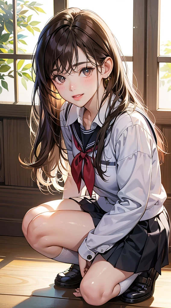 Realistic, Lip gloss, Realistic, Best Quality, 超A high resolution, Depth, Pastel colors, natural shadows, Focus on Face, Just face, Looking at the viewer, Long hair, Brunette hair, A masterpiece of brown and detailed eyes, Best Quality), 1 girl, Solo, from the front side,
(Shut up), Smile, Parted lips,
Shiny skin, thick thighs, White panties,
School uniform, Therap, Pleated skirt, lowfers, Black socks, Crouching, Indoors, gaze at the audience, Anatomically correct