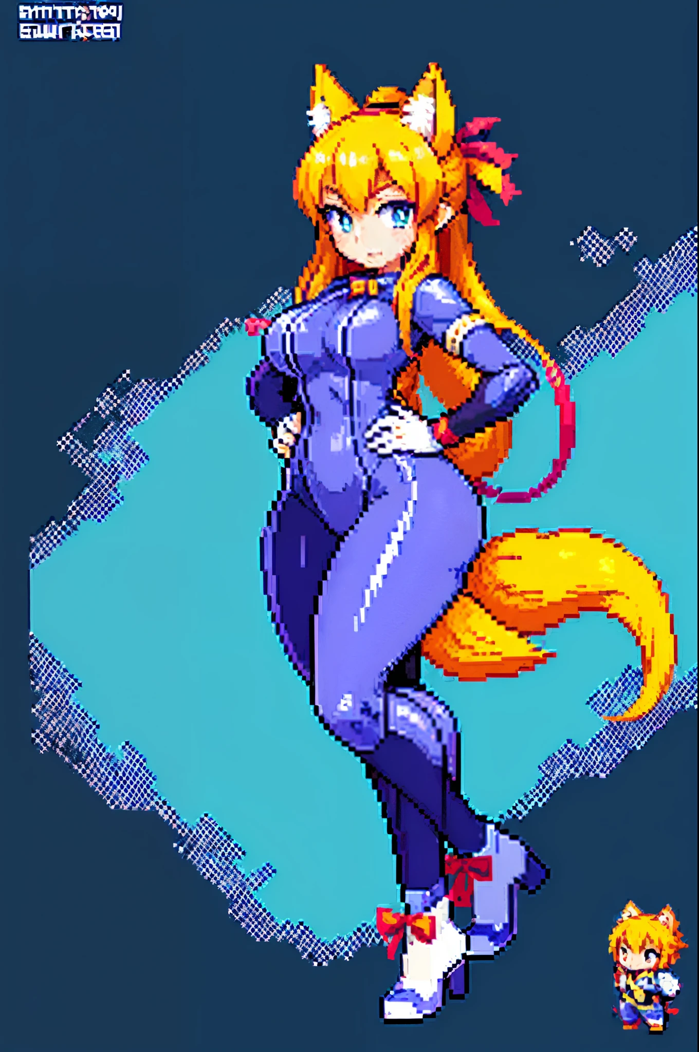 ((Masterpiece)), (Best Quality), ((Super Detail)), ((((((watercolor speedpaint Illustration)))))), ((kitsune)), ((((Megaman Battle Network)))), ((((Net-navi)))), (((battlesuit))), ((space suit)), ((((fluffy kitsune tailloofy fox tailox tail)), (((THICK TAILS))), ((plump hips)), Gold blonde constructed hair, (((((long ribbons as hair))))), Pale skin, (whiskers), (White pupils), (Digital eyes), (((Plump breasts))), (glossy skin), , (Mommy), (narrow waist), cute, enchanting, ((fox eareautiful face, mischievous expression, slightly blushing, ((((Purple and gold opaque tight suit)))), ((Artificial intelligence companion)), dynamic pose, looking at viewer, ((digital internet background)), ((Sea of data)), streams of blue data, Internet, (high resolution), (sharp focus), (volumetric lighting), (textile shading), vibrant colors, nine tails, ((pixel art)), chibi