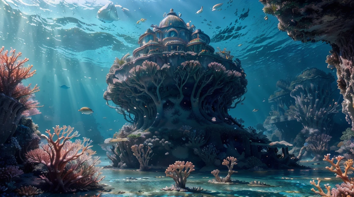 (a grandiose, magical, dreamlike scene),(best quality,ultra-detailed,photorealistic:1.37),(crystal-clear water),(sparkling sunlight),(gently swaying seaweed),(colorful coral reefs),(exotic marine creatures),(hidden treasure chests),(sunken shipwreck),(curious mermaid),(majestic underwater palace),(mysterious underwater caves),(enchanted sea creatures),(brilliantly illuminated underwater city)