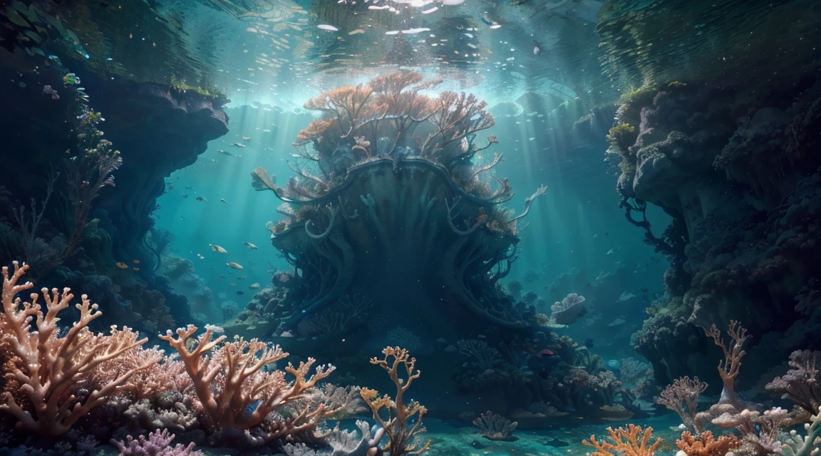 (a grandiose, magical, dreamlike scene),(best quality,ultra-detailed,photorealistic:1.37),(crystal-clear water),(sparkling sunlight),(gently swaying seaweed),(colorful coral reefs),(exotic marine creatures),(hidden treasure chests),(sunken shipwreck),(curious mermaid),(majestic underwater palace),(mysterious underwater caves),(enchanted sea creatures),(brilliantly illuminated underwater city)