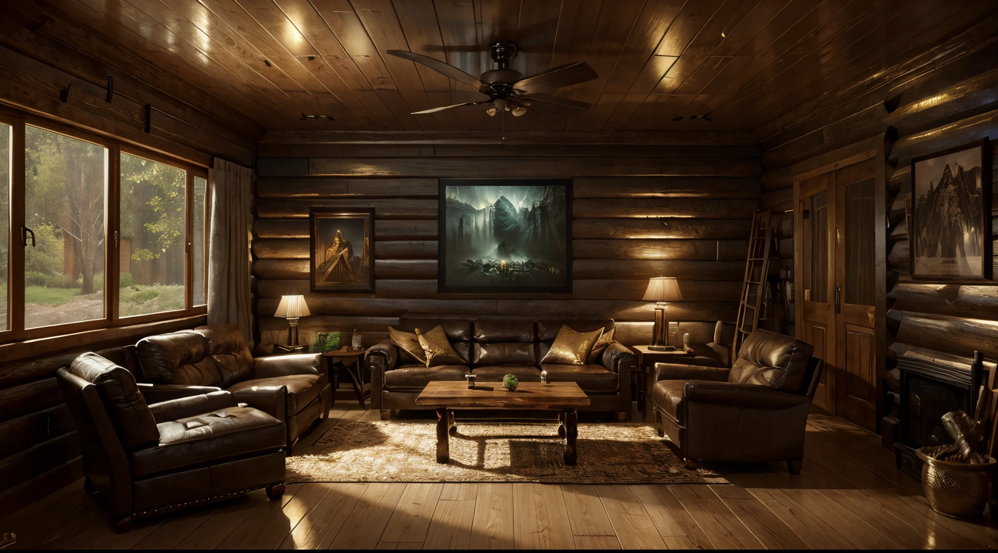 A cozy living room in a log cabin with the rain outside, matte paint film poster, golden ratio, trending at cgsociety, intricate, epic, trending at artstation, by artgerm, h. R. giger and beksinski, highly detailed, vibrant, cinematic character rendering production, very high quality model