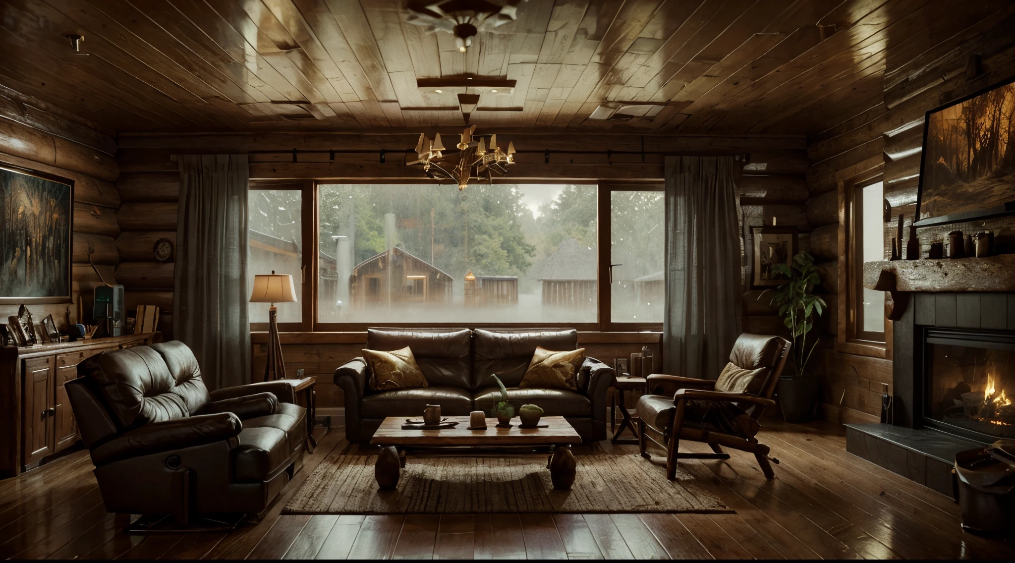A cozy living room in a log cabin with the rain outside, matte paint film poster, golden ratio, trending at cgsociety, intricate, epic, trending at artstation, by artgerm, h. R. giger and beksinski, highly detailed, vibrant, cinematic character rendering production, very high quality model