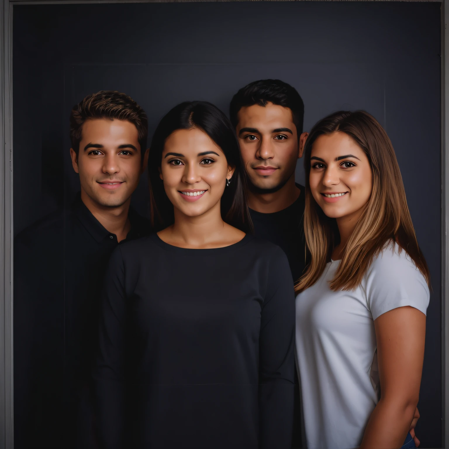 there is a group of people together in a circle, um grupo de pessoas, imagem promocional, foto promocional, retrato de alta qualidade, Brazilian random faces, homens e mulheres, roupas azul marinho, belas mulheres brasileiras, fundo cinza escuro