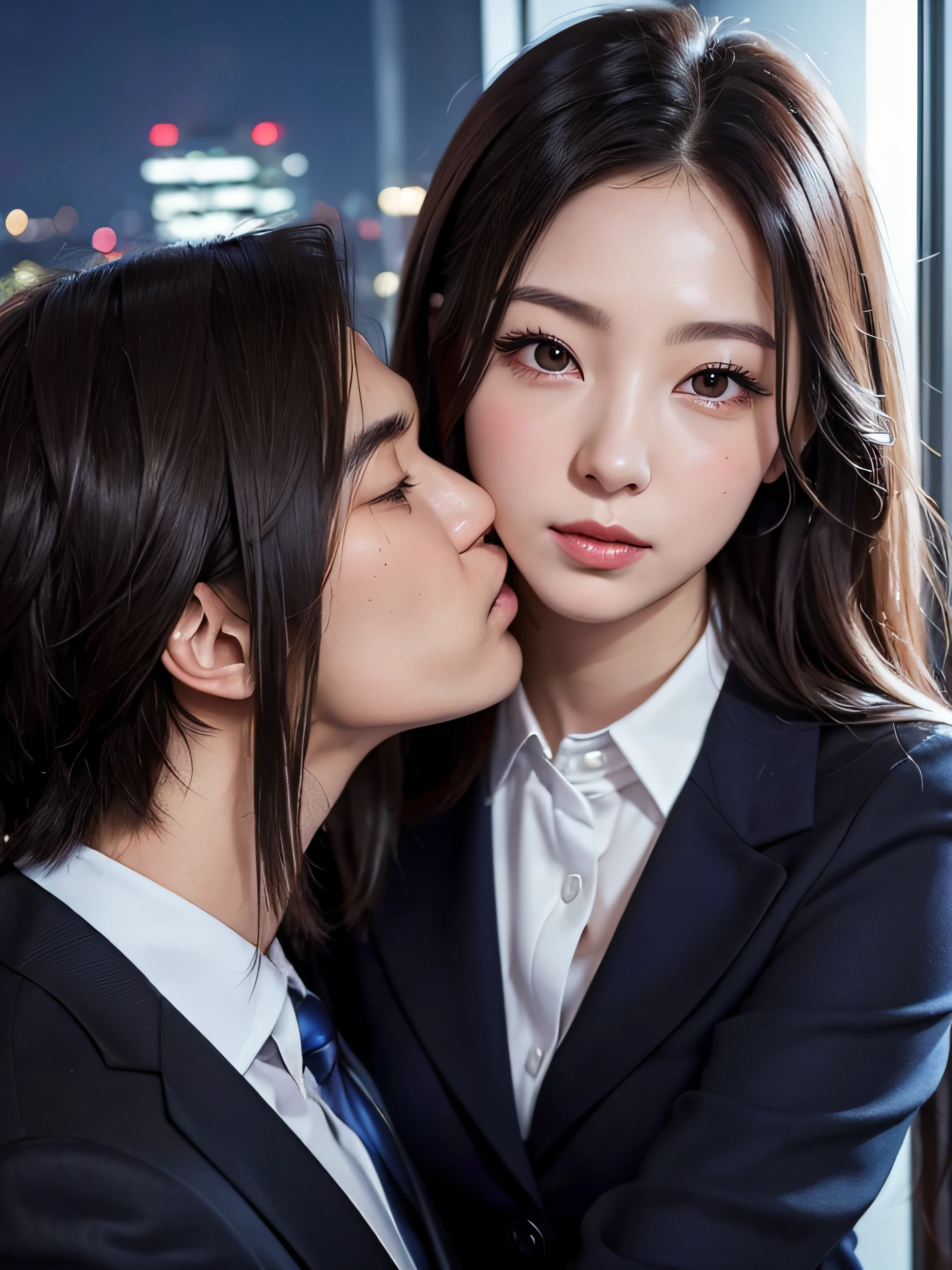 Beautiful woman wearing an office lady suit、(Kissing a beautiful man in a suit:1.1)、(In an empty office)、(A detailed face:1.5)、The background is a window with a view of a skyscraper、(Night:1.6)