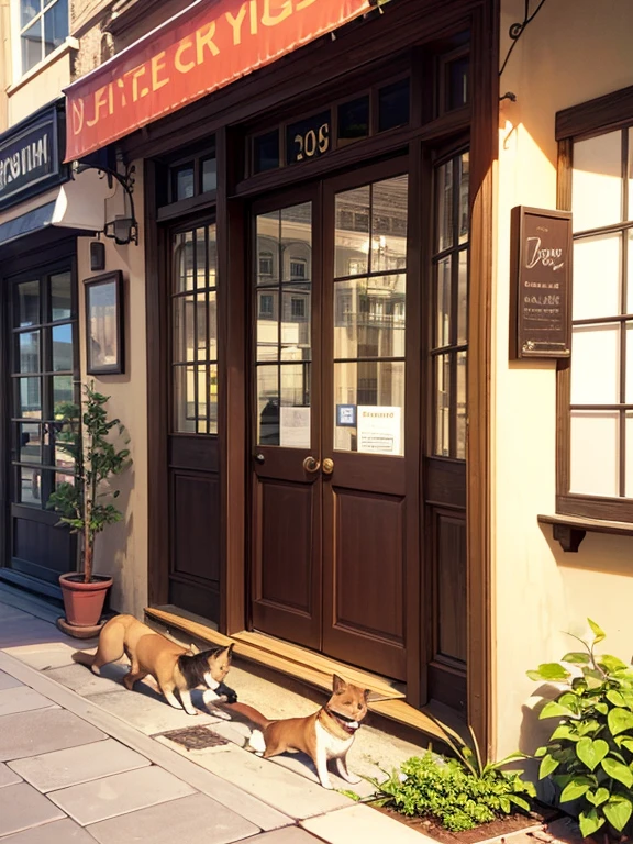 Imagine you're looking at a vintage store, Storefronts filled with antiques and curiosities. The Art Deco sign is、It adds elegance to the atmosphere. inside restaurant, Antique bicycle leaning against brick wall, Evoke memories of past adventures. The tree々Fallen leaves make a golden carpet on the ground, A playful dog chasing a ball in the street.
