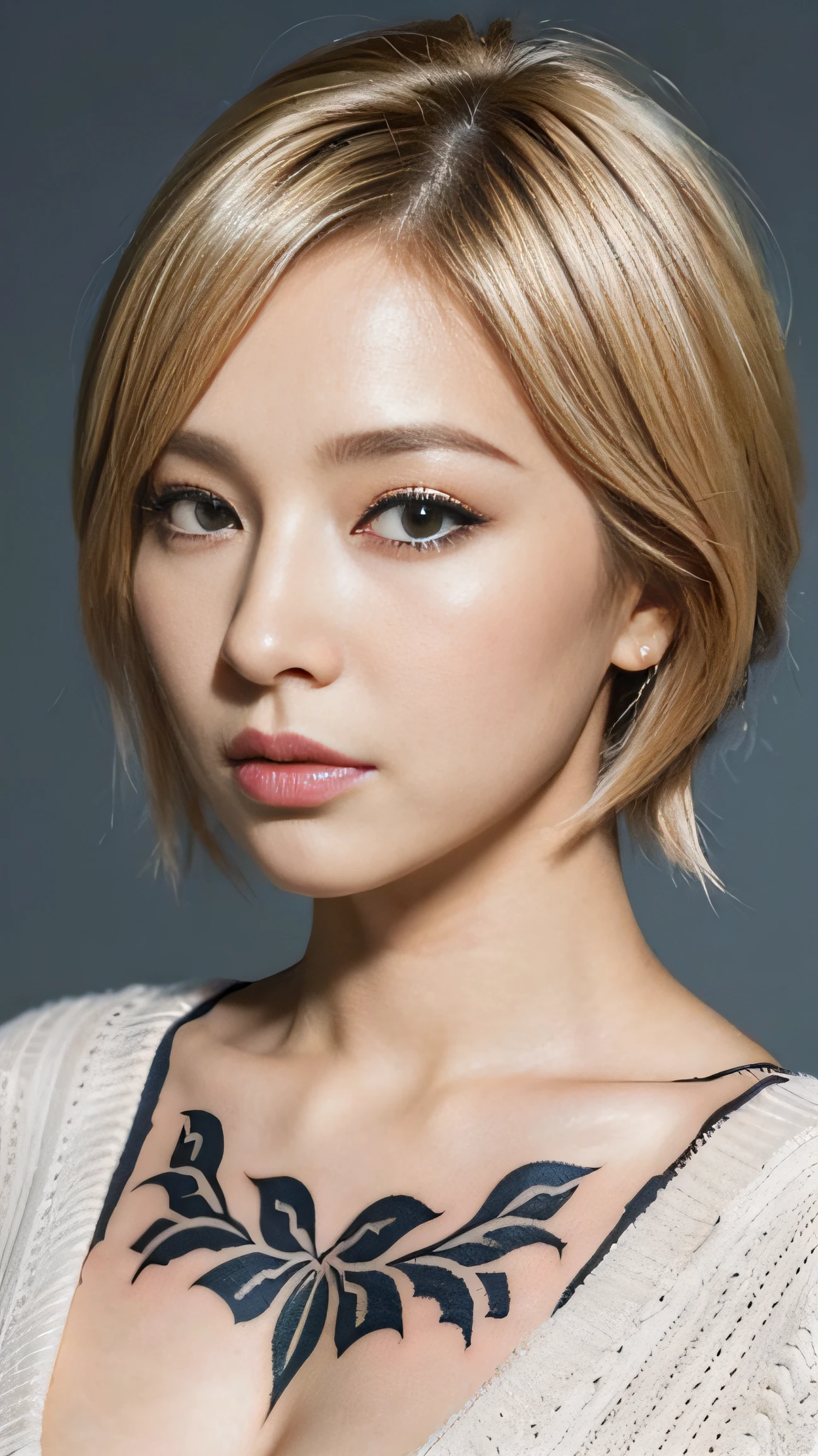 (Best Quality, 8K, 32K, masutepiece, nffsw: 1.2), Japan beauties, Small breasts,a blond、 Very Shorthair, Upper body, ((Face Focus)), Sweaters, Background, Heavy makeup、((The tattoo)),cleavage of the breast、((Thick makeup))、