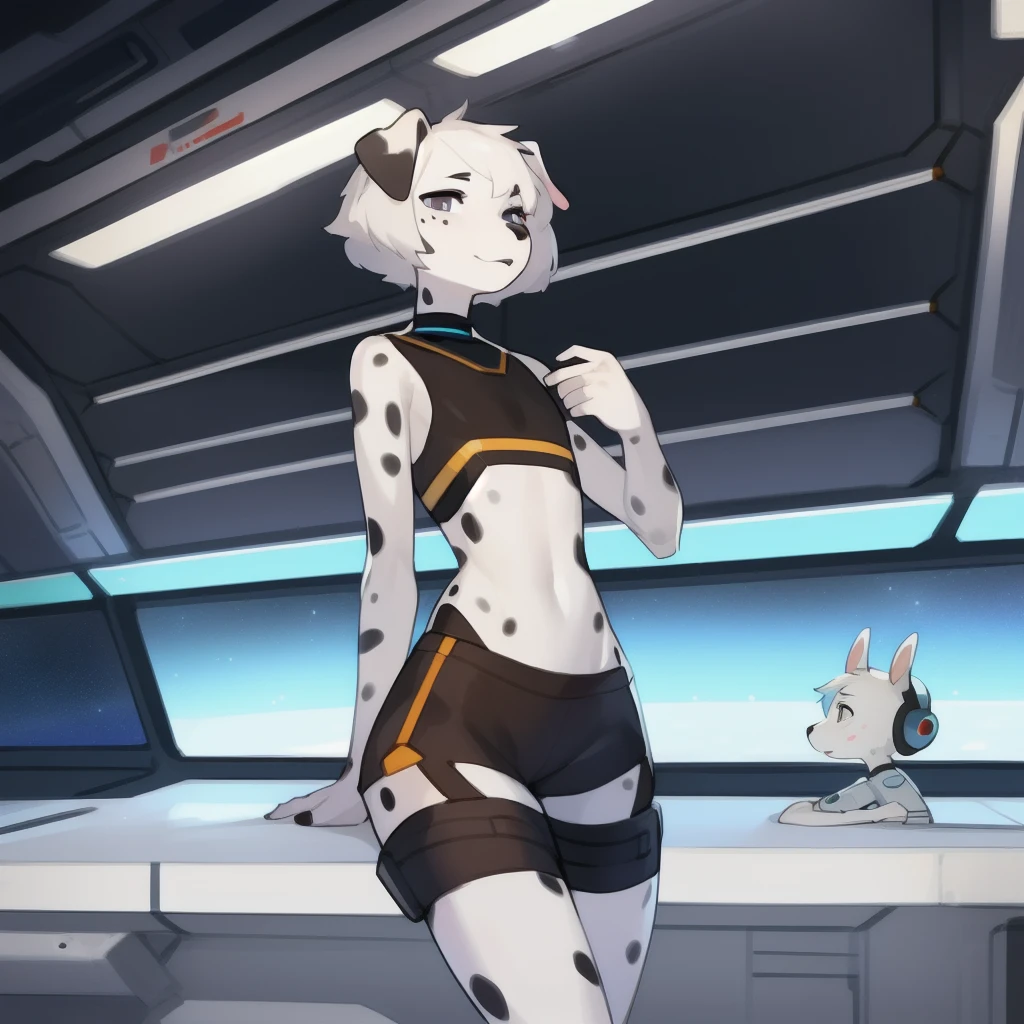 (1 boy:1.2), The body is like a girl's, femboi, eye liner, lips, Short shorts, Space Adventures, Fitted clothes of the future, Author: Bebebebebe, Hair, technological base, Dalmatian, Black lip gloss, Short Hair Hair, small waist, wide hips, Slim, the perfect body
