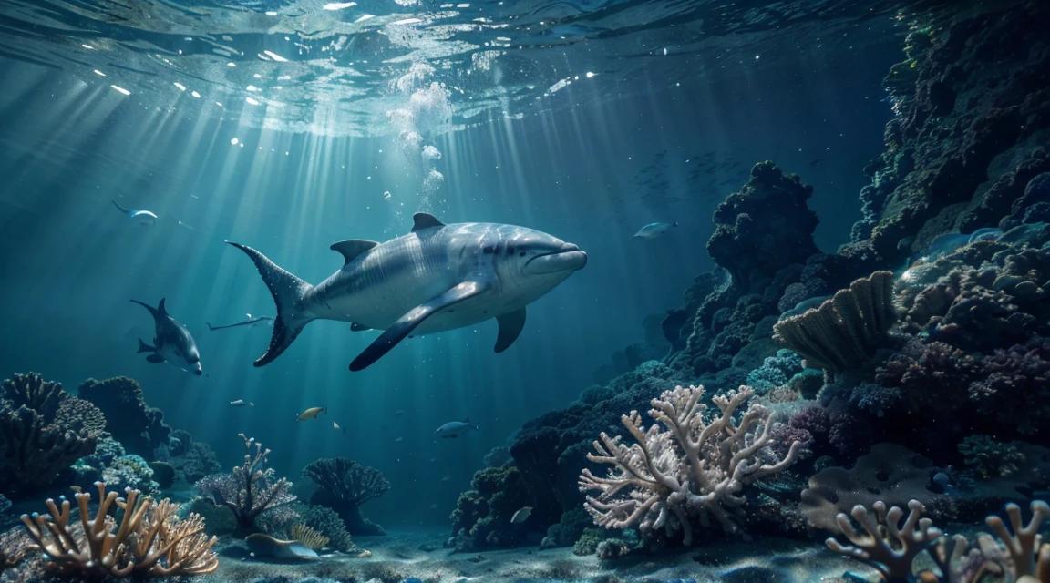 (best quality,4k,8k,highres,masterpiece:1.2),ultra-detailed,(realistic,photorealistic,photo-realistic:1.37),underwater landscape,deep sea,shimmering light,sparkling water,waves,coral reef,floating kelp forest,colorful marine life,hidden treasures,sunken ship,ancient ruins,crystal-clear visibility,sun rays penetrating the water,transparent water,abundance of sea creatures,exquisite details of fish scales,unique textures of coral,brilliant hues of underwater flora and fauna,whales gliding gracefully,playful dolphins leaping out of the waves,tropical paradise,vibrant tropical fish,seahorses gracefully swimming,shoals of shimmering fish,glowing jellyfish,gentle sway of seaweed,rays of sunlight creating ethereal patterns,tranquil oceanic ambiance,serene and magical atmosphere,dive into a mesmerizing world,explore the mysterious deep sea,unveil the beauty of the ocean depths,encounter magnificent creatures of the deep,marvel at the wonders of marine life,immerse yourself in a visual masterpiece.