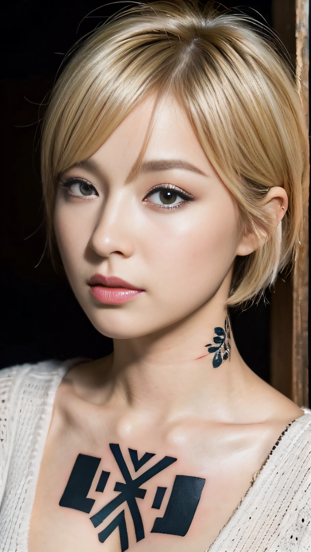 (Best Quality, 8K, 32K, masutepiece, nffsw: 1.2), Japan beauties, Small breasts,a blond、 Very Shorthair, Upper body, ((Face Focus)), Sweaters, Background, Heavy makeup、((The tattoo)),cleavage of the breast、((Thick makeup))、