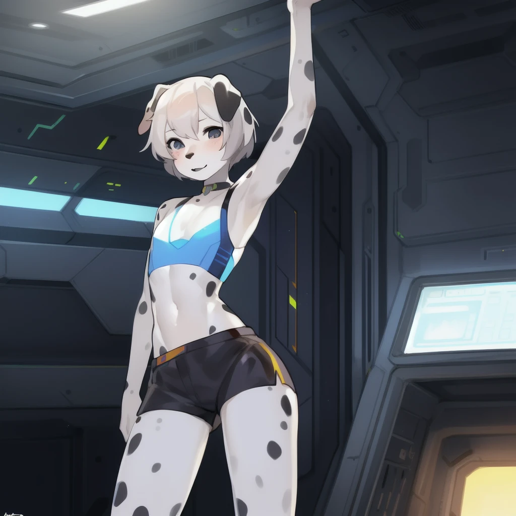 独奏, (menino:1.2),  The body is like a girl's, femboi, eye liner, lips, Short shorts, Space Adventures, Fitted clothes of the future, Author: Bebebebebe, Hair, technological base, Dalmatian, Black lip gloss, Short Hair Hair, small waist, wide hips,  Slim, the perfect body