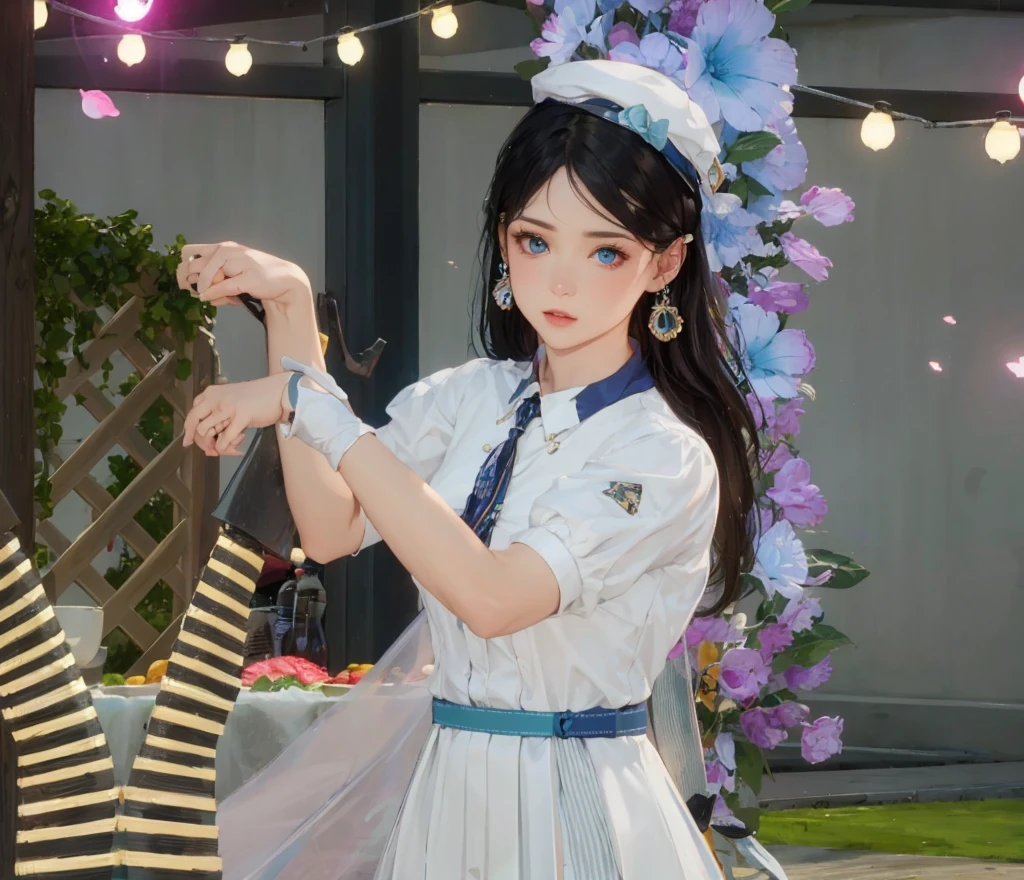 photography awards, masterpiece, blue hair, blue eyes, photorealistic, high resolution, soft light, brooch, waist bow, short shorts, blue suit, multicolored hair, white gloves, black gloves, white shirt, open clothes, water, underwater, ocean, single skirt hem, thigh strap, hat