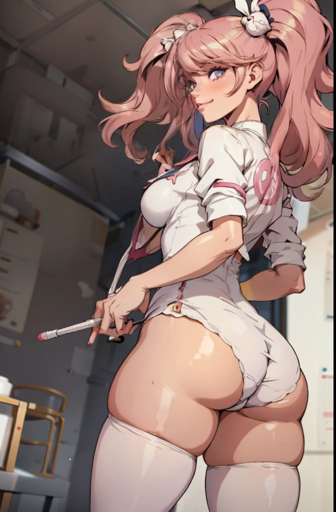 1mujer, enfermera, leotardo, Gorra de enfermera, Whiteware, ((Legwear blanco, Zettai Ryouiki)), Guantes ajustados, Guantes blancos, Pelo rojo, ojos azules, pink lipsticks, They are smiling, En pie, View from behind, looking back at viewer, sharp outline, manga corta, una hembra madura, 35 year old, La mejor calidad, Obra maestra, infirmary, Como muestra el cofre, pecho mediano, Escape del pecho, lluvia en la cara, pose , teta visible