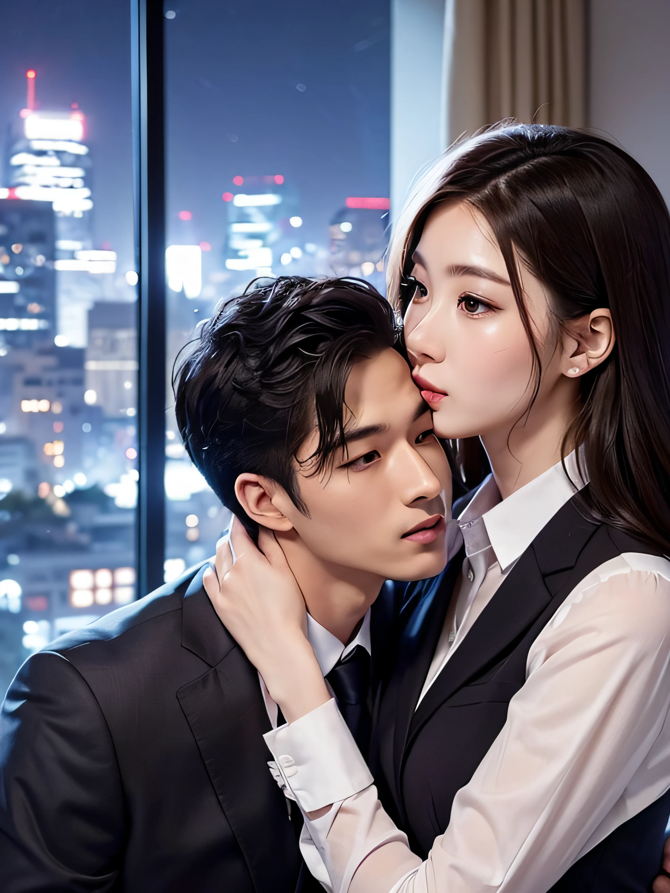Beautiful woman wearing an office lady suit、(Kissing a beautiful man in a suit:1.1)、(In an empty office)、(A detailed face:1.5)、The background is a window with a view of a skyscraper、(Night:1.6)