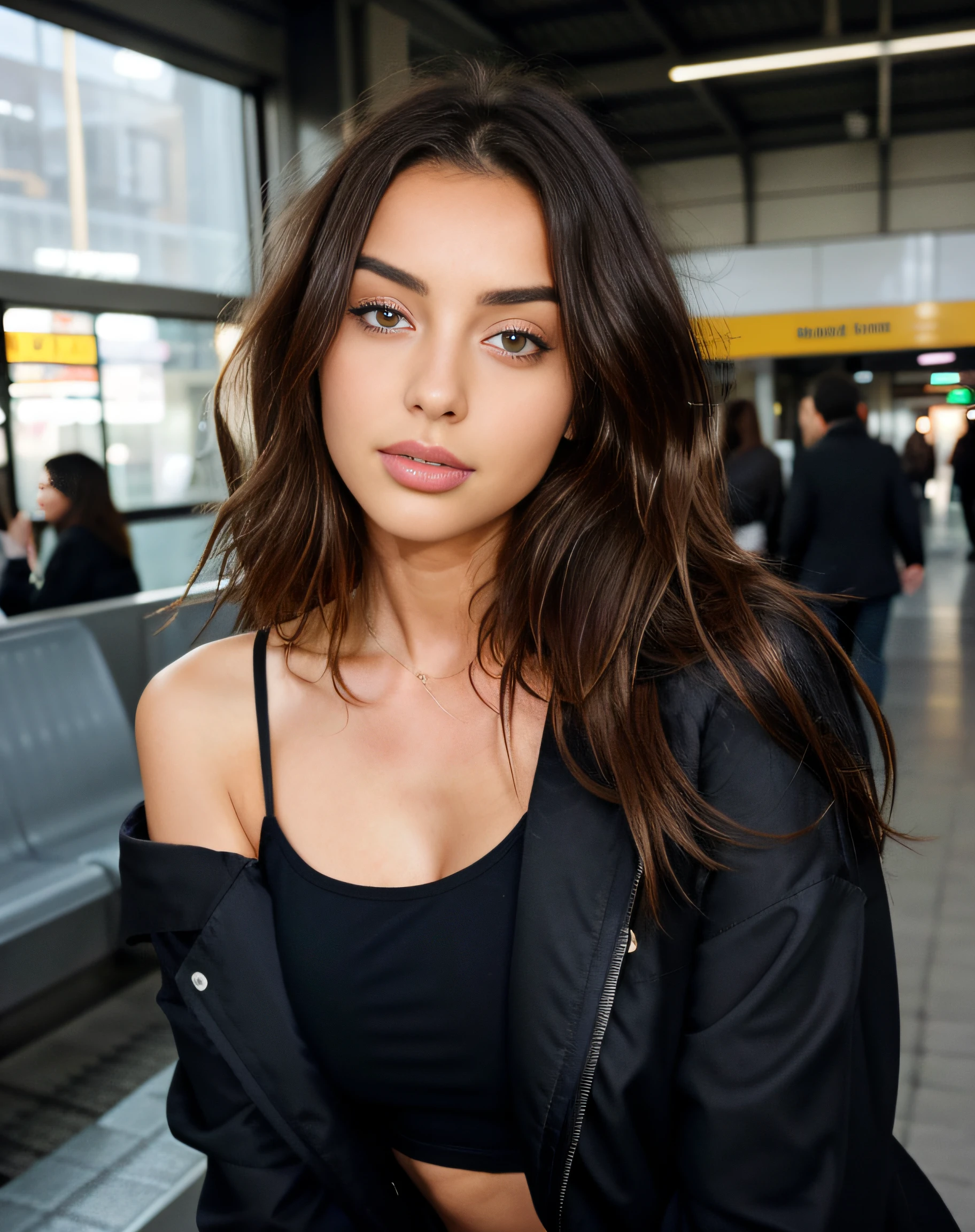 arafed woman with long hair and a black jacket in a train station, ana de armas portrait, portrait of ana de armas, ana de armas, ana de armas as joan of arc, messy shoulder-length dark hair, cool tousled hair, tousled medium length hair, stunning face, beautiful face!!!!, shoulder - length hair