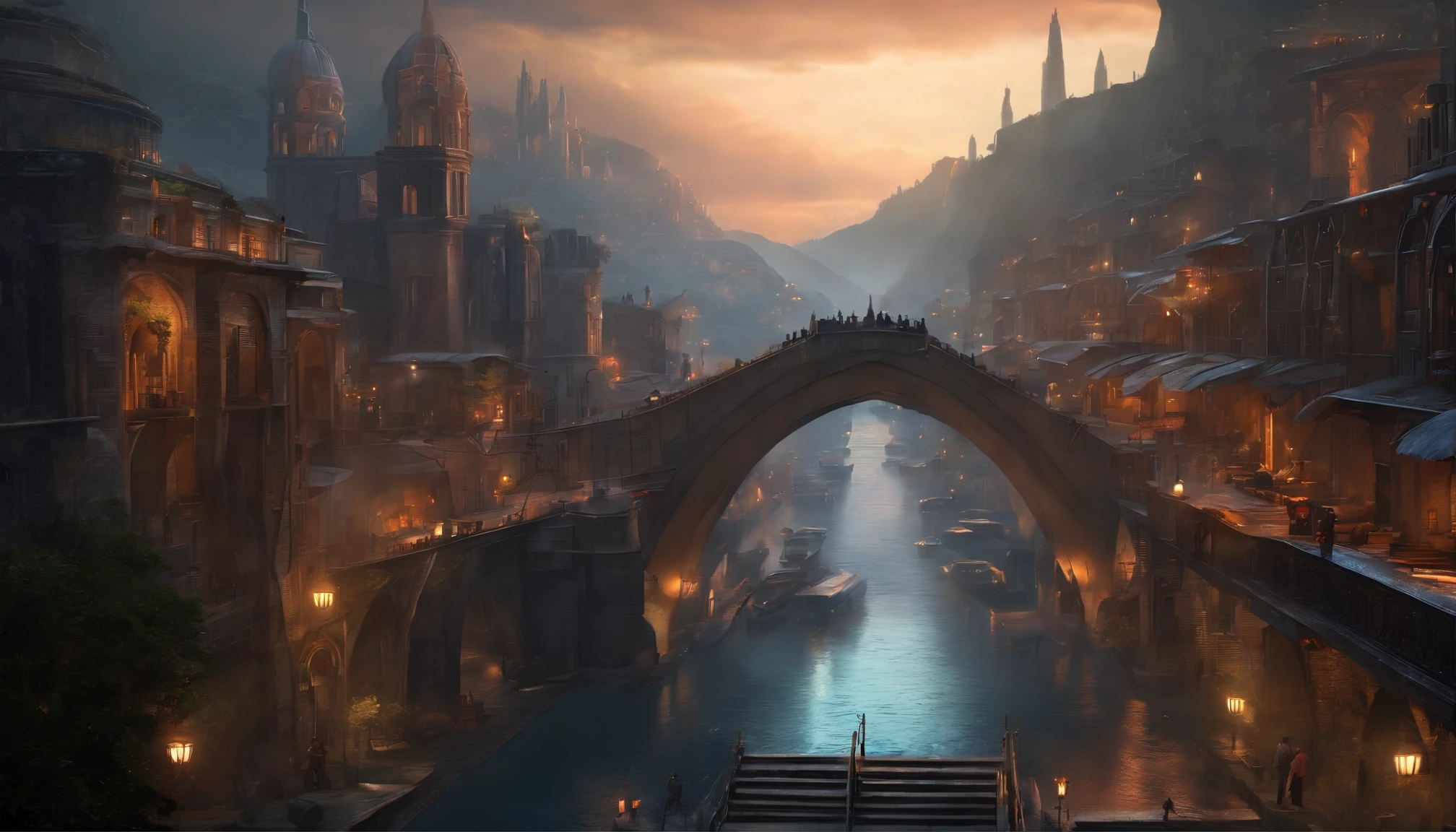 ((masterpiece)),((best quality)),((high detail)),((realistic,)) Futurist era city, deep gorges in the middle, architectural streets, bazaars, bridges, cyberpunk, European architecture, rainy night, neon, futuristic