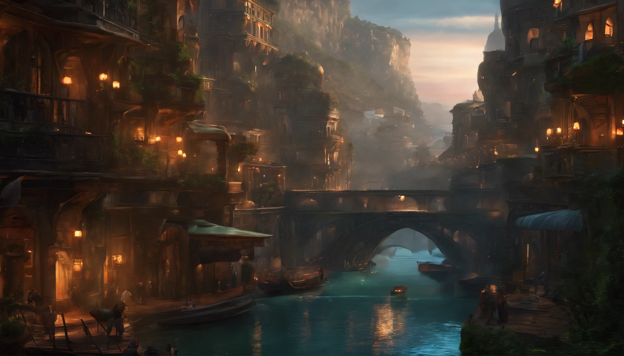 ((masterpiece)),((best quality)),((high detail)),((realistic,)) Futurist era city, deep gorges in the middle, architectural streets, bazaars, bridges, cyberpunk, European architecture, rainy night, neon, futuristic