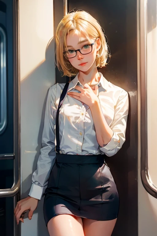 ONE Girl in the frame, elegant, short, A slim body. Wearing beige high boots, brown skirt, orange sweater and white lab coat, dark nude tights. medium length hair, blonde. wear glasses. Red lips. Shoes must be visible.