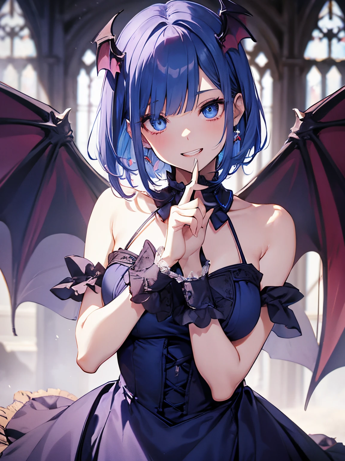 Vampire girl standing in an old castle、Have a large bouquet、(Vampire Wings:1.1), head wings, 1 vampire girl,(Blue-haired、 a short bob), (smug:0.8), (blue eyess)、 a closeup、I want you to kiss me、oral invitation、(pointed double teeth:1.2)、17 age、Beautiful chest、a blue dress、Large bouquet