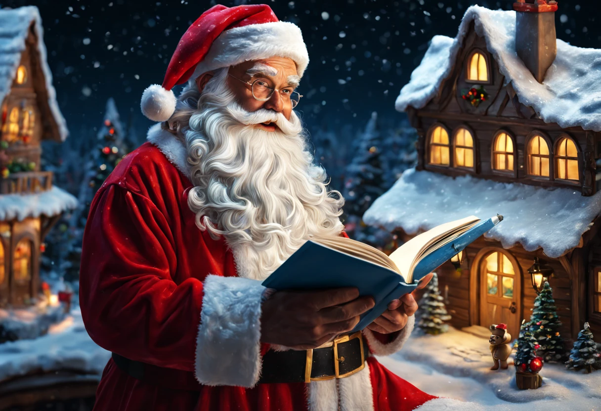 Santa in his nightgown looking at a 3D pop-up book, detailed, 8K resolution 3D shading. A wonderful magic pop-up Santa's Village , 3d extremely high intricate detail, magic, enchantment, volumetric light, trending on artstation, sharp focus, studio photo, intricate details, highly detailed, snowing in the background, greg rutkowski. thomas Kincaid