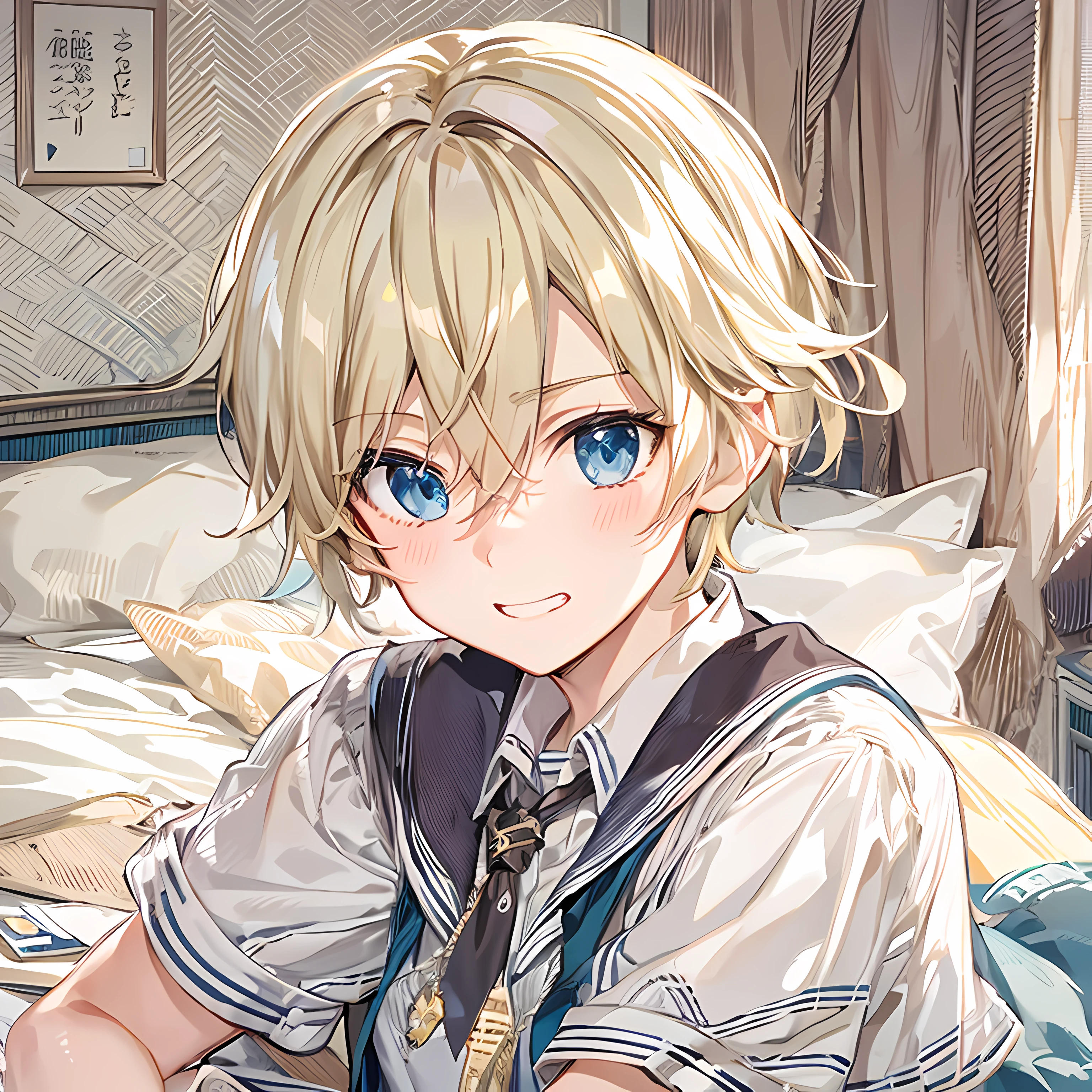 (high quality) Single anime boy, feminine looking, short blond hair, blue eyes, schoolgirl uniform, bedroom setting, sly grin