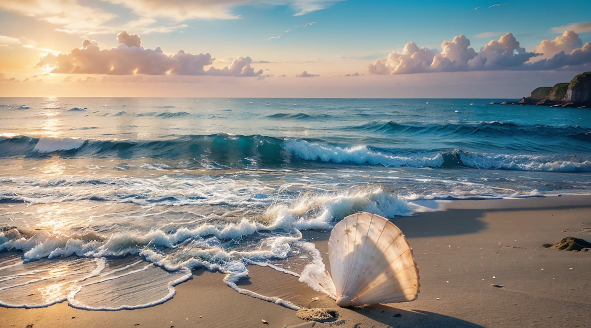 (delicate seashells,intricate patterns,whispering ancient tales,waves gently caress shore),oil painting,ultra-detailed,vivid colors,beach,sparkling water,sandy shore,coast,seashore,seagulls flying,shimmering sunlight,horizon,masterpiece:1.2