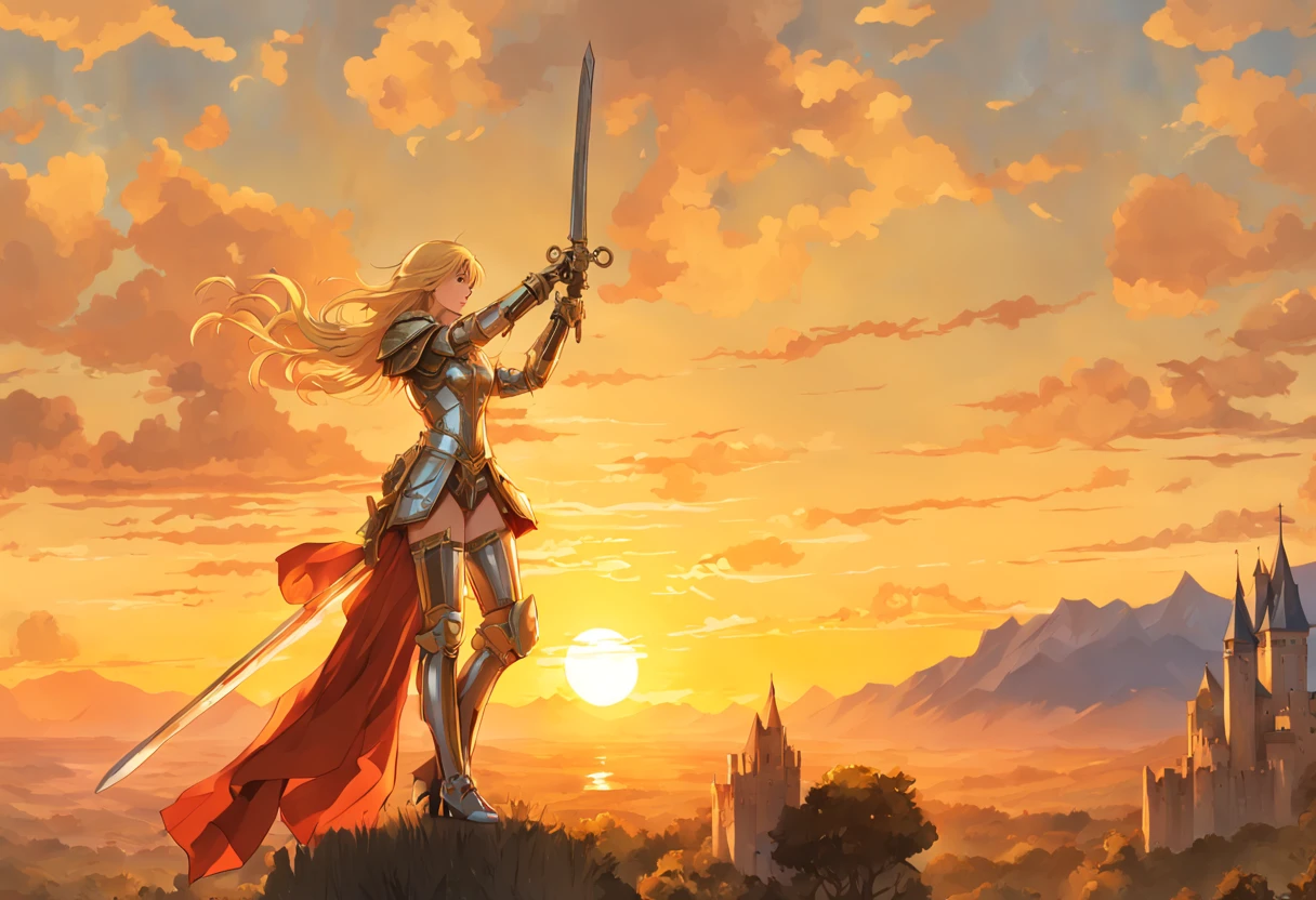 Young woman in medieval metal armor, lifting a sword toward the sky, near a faraway castle at sunset. overlooking a valley, art by J.C. Leyendecker. Anime artwork, anime style, key visual, vibrant, studio anime, highly detailed